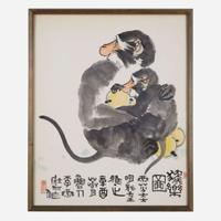 Li Yan (Chinese b.1943-) 李燕 Monkey and Baby with Fruit ???