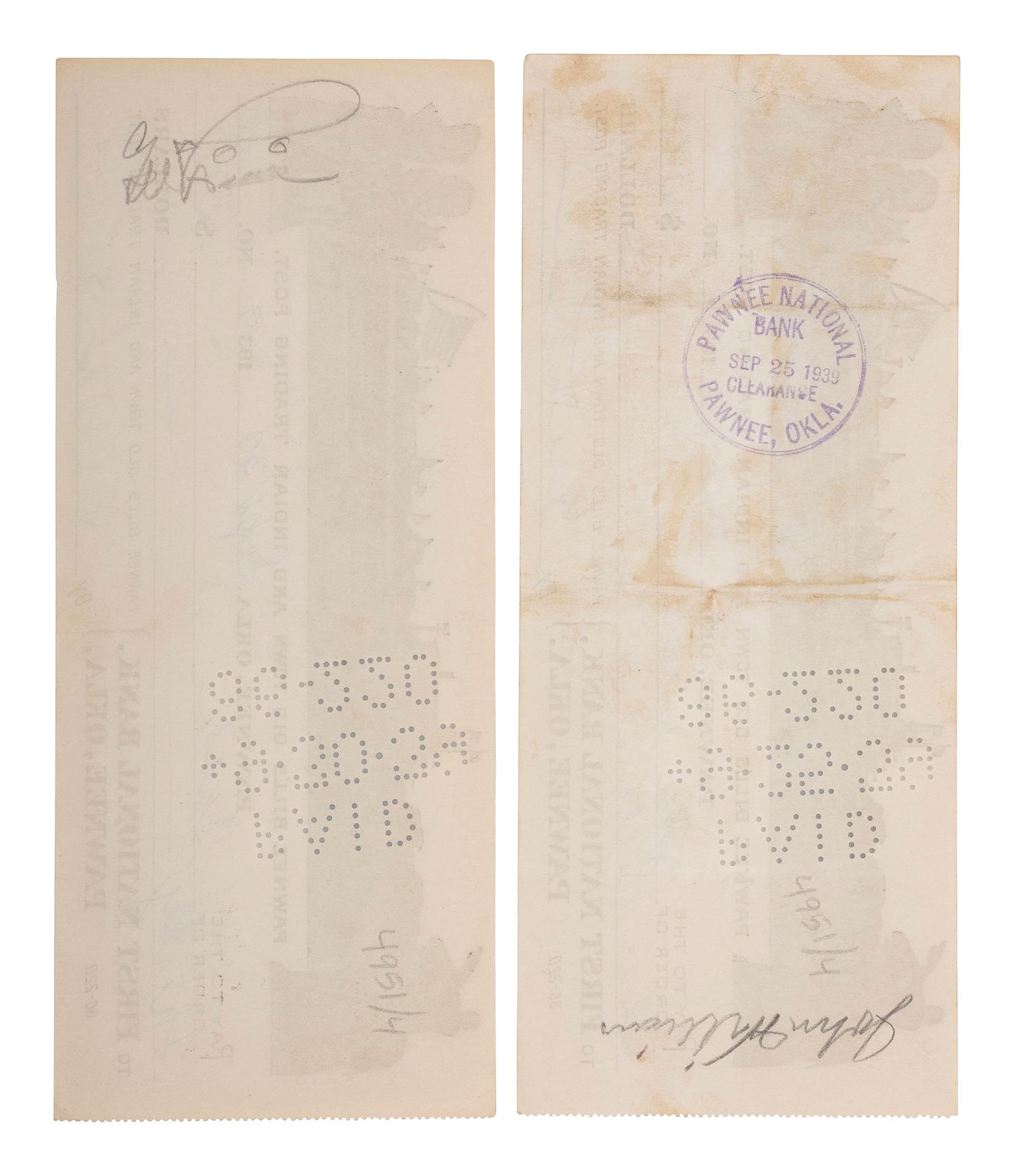 [WILD WEST SHOWS] -- [LILLIE, Gordon W. "Pawnee Bill" (1860-1942)]. A group of 7 items, incl. LS, TLS, signed checks, and memorabilia from Pawnee Bill's Old Town and Indian Trading Post.