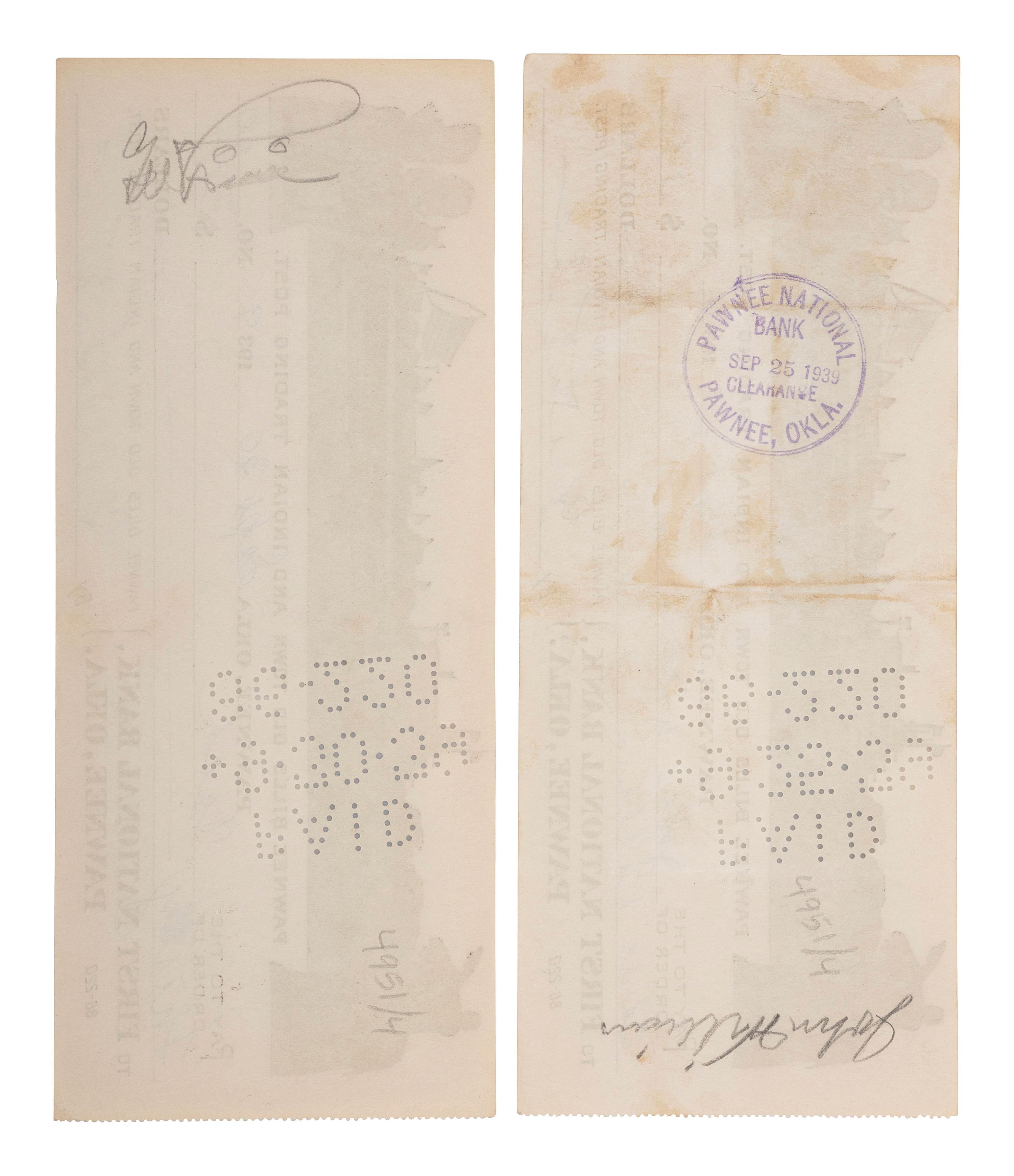 [WILD WEST SHOWS] -- [LILLIE, Gordon W. "Pawnee Bill" (1860-1942)]. A group of 7 items, incl. LS, TLS, signed checks, and memorabilia from Pawnee Bill's Old Town and Indian Trading Post.
