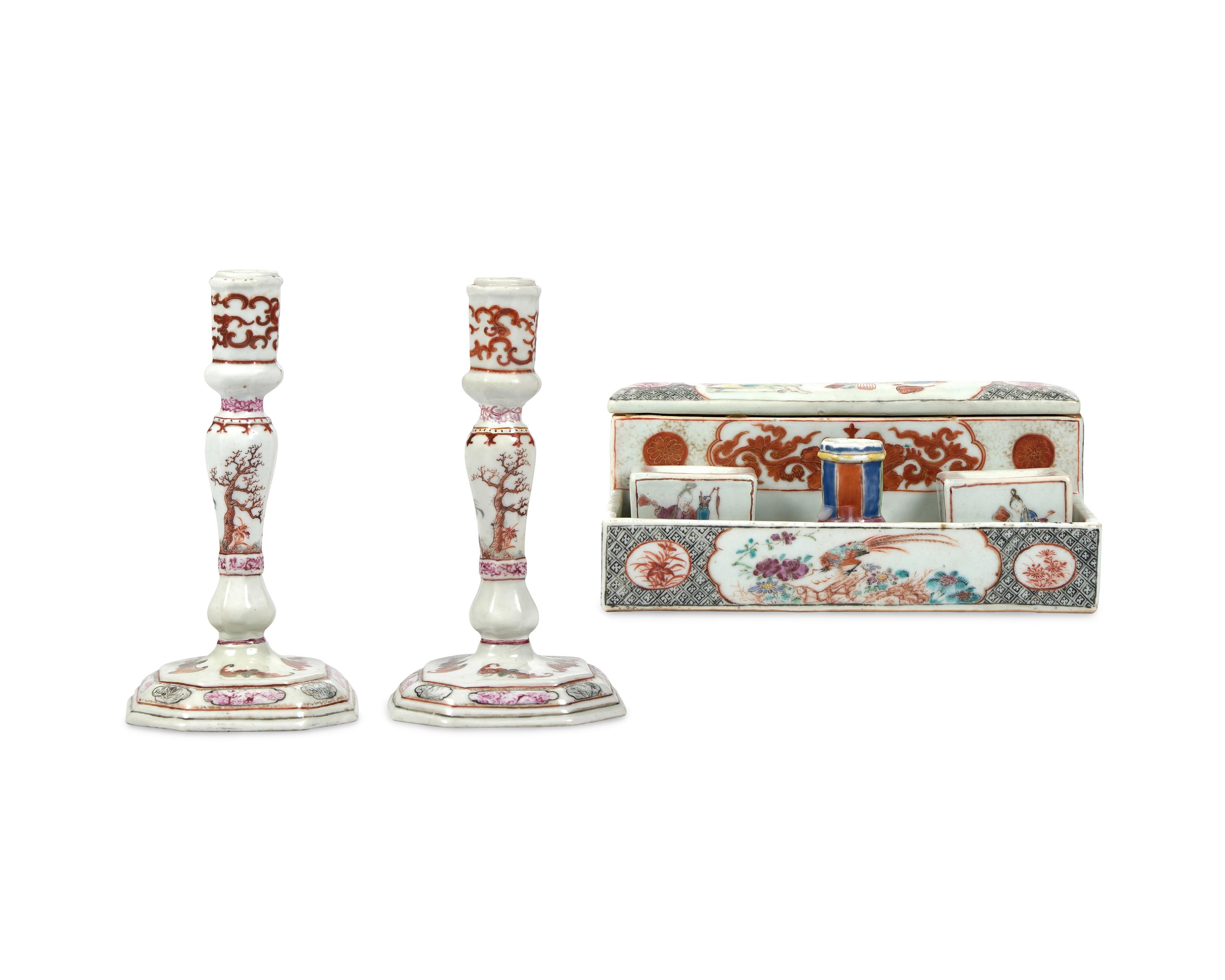A Chinese Export Porcelain Famille Rose Inkstand And Pair Of Candlesticks