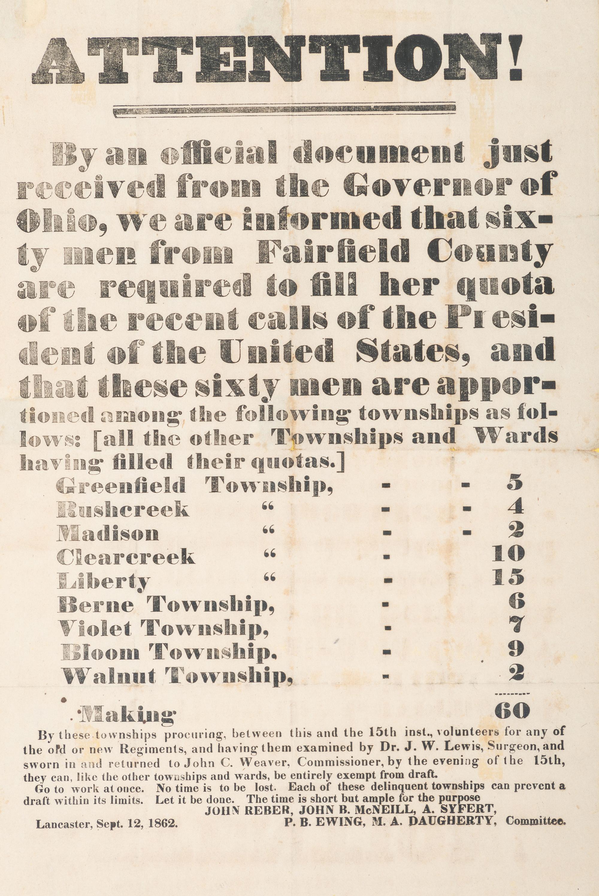 [CIVIL WAR]. Attention! By an official document just received from the Governor of Ohio...sixty men from Fairfield County are required to fill her quota of the recent calls of the President of the United States.