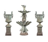 A Pair of Neoclassic Style Patinated Bronze Garden Urns and a Fountain