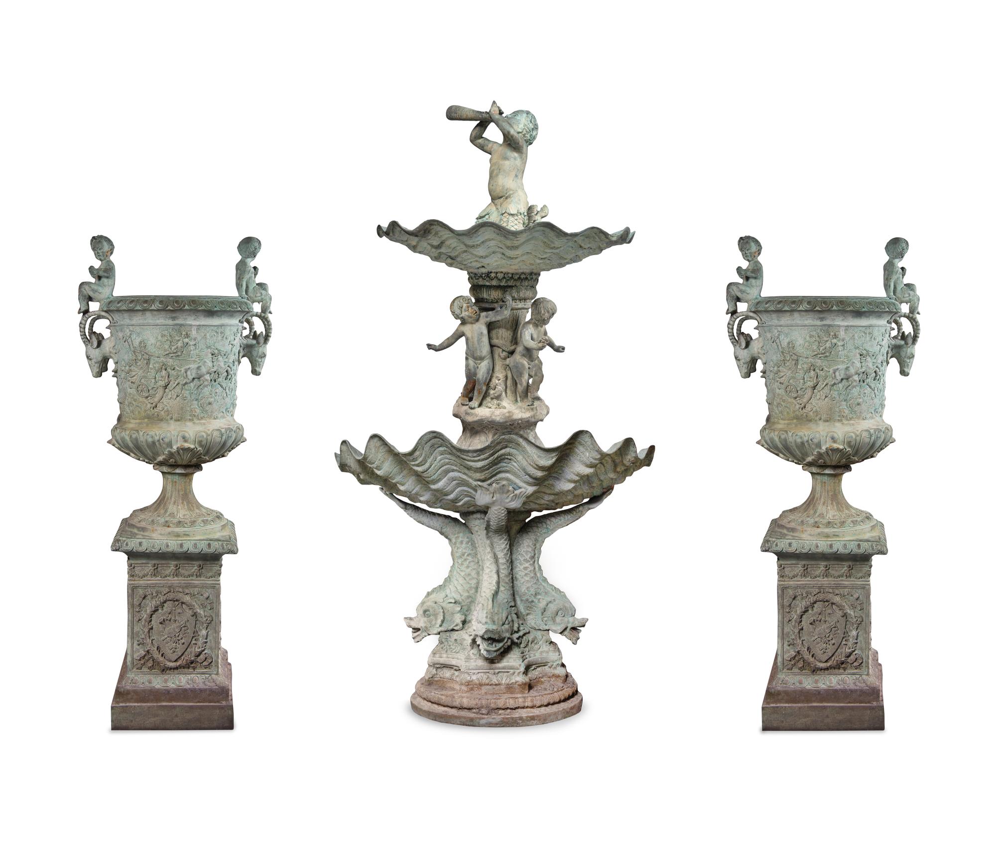 A Pair of Neoclassic Style Patinated Bronze Garden Urns and a Fountain