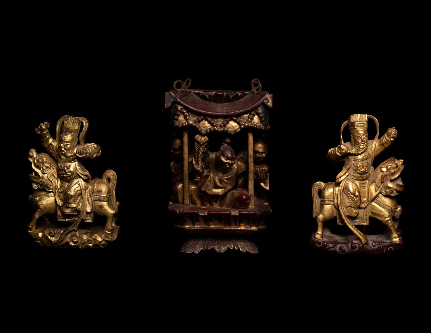 Three Chinese Gilt and Red Lacquered Wood Carvings