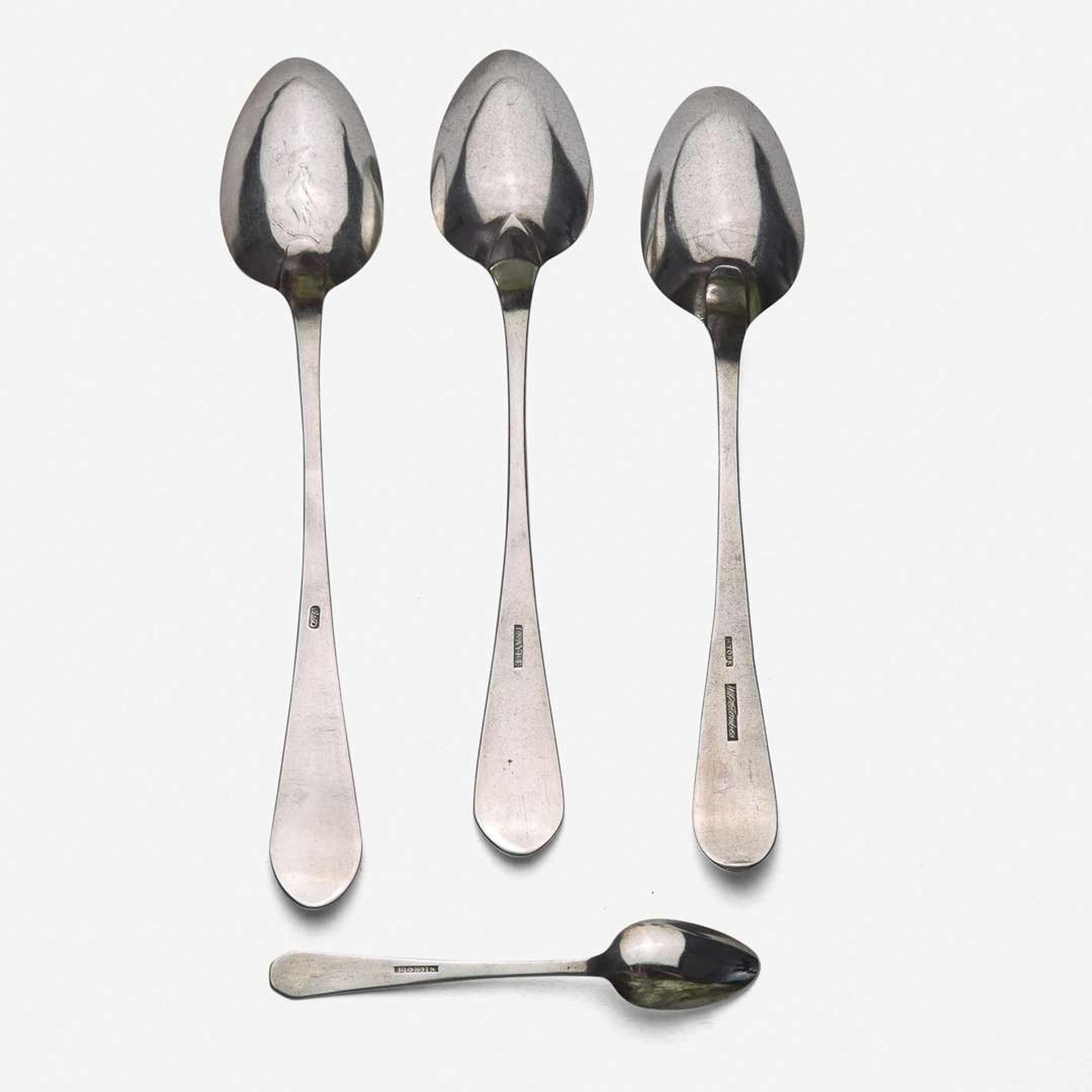 A group of four Federal silver spoons John David, Sr. (1736-1798), Philadelphia, PA, William Garret Forbes (1751-1840), New York, NY, John Sayre (1771-1852), Southhampton, NY, and William Stoddard Nichols (1785-1871), circa 1790-1810