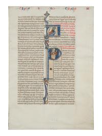 ANONYMOUS SOUTHERN FRENCH ILLUMINATOR Single leaf with an illuminated initial ‘A’ and a historiated initial ‘P’ depicting St. Paul standing between two pillars, from the Mailhac-Faber Bible, in Latin, illuminated manuscript on parchment [southern France, late thirteenth or early fourteenth century]