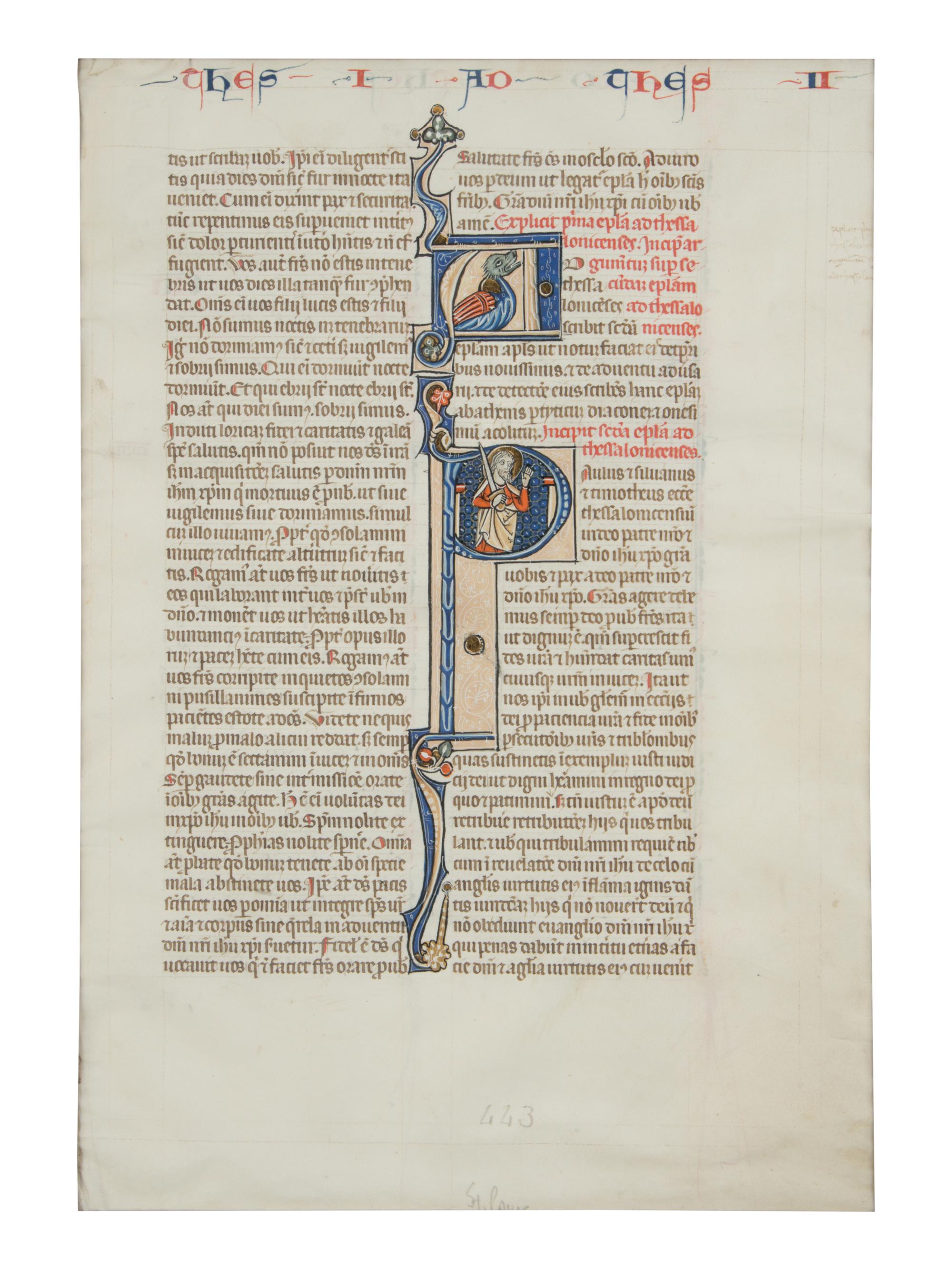 ANONYMOUS SOUTHERN FRENCH ILLUMINATOR Single leaf with an illuminated initial ‘A’ and a historiated initial ‘P’ depicting St. Paul standing between two pillars, from the Mailhac-Faber Bible, in Latin, illuminated manuscript on parchment [southern France, late thirteenth or early fourteenth century]