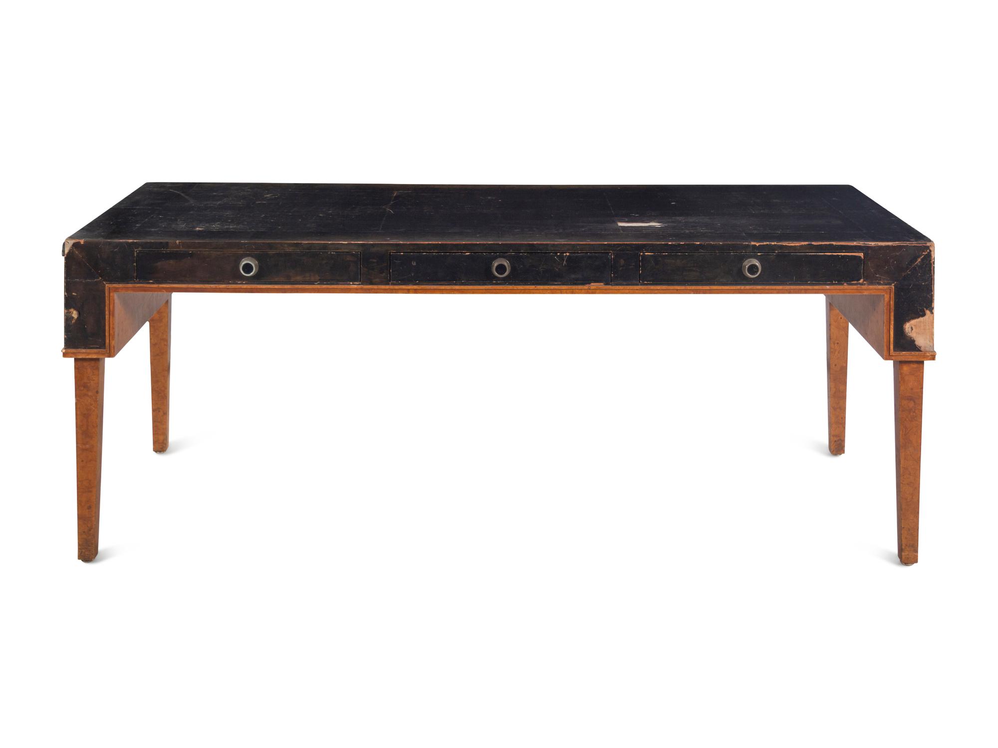 A Modernist Burlwood and Leather-Veneered Desk