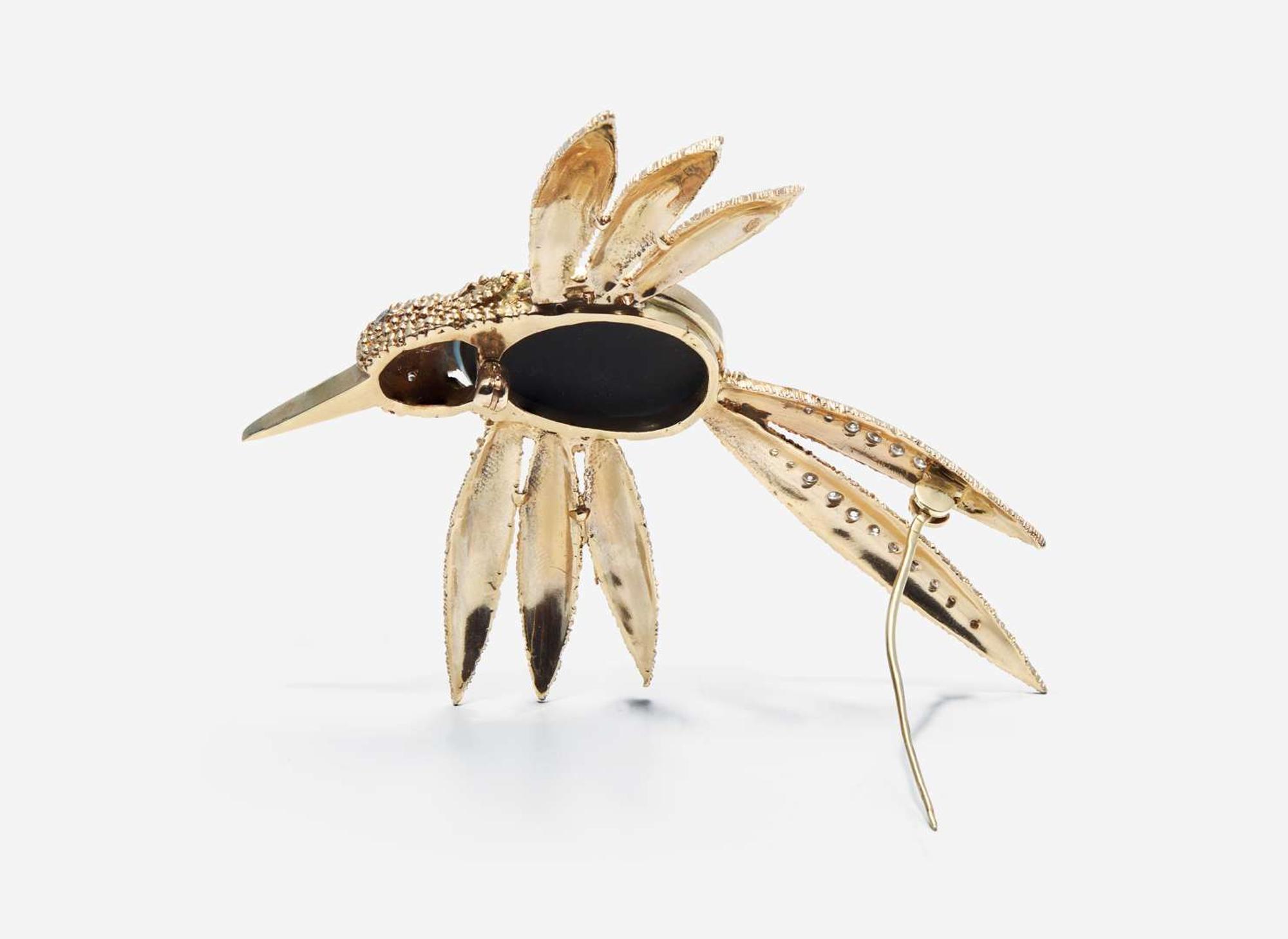 A 14K Yellow Gold, Black Opal, and Diamond Brooch