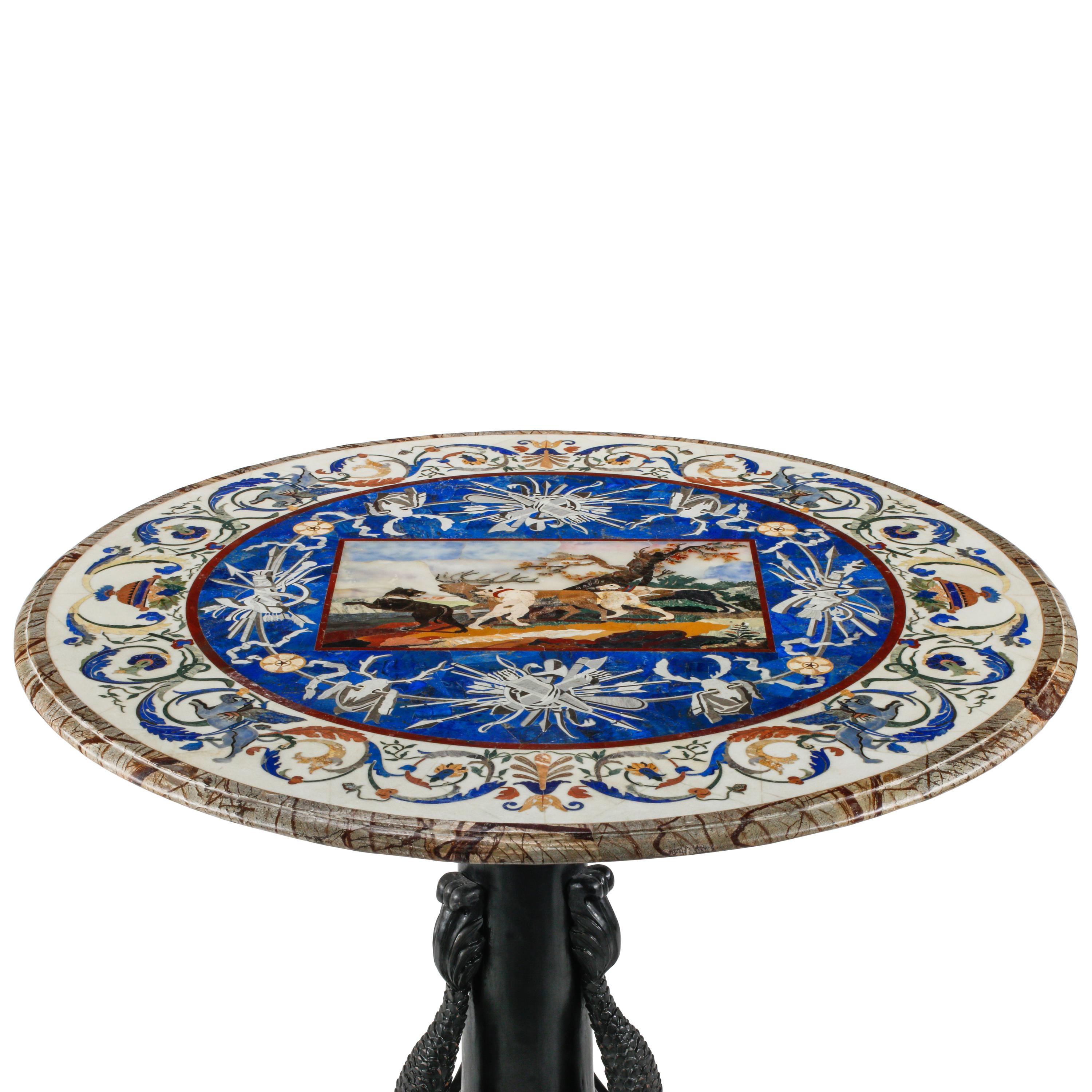 A Neoclassical Style Ebonized Wood and Pietra Dura Top Table