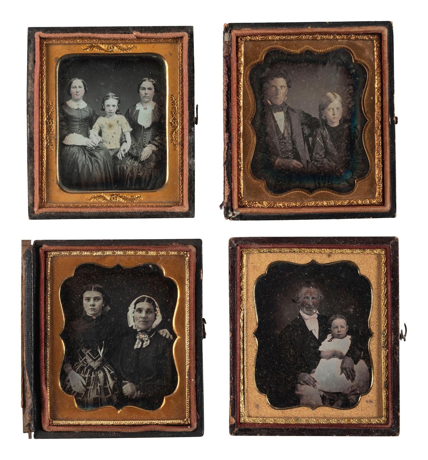 [EARLY PHOTOGRAPHY]. A group of 22 daguerreotype and tintype portraits of parents with children, including: