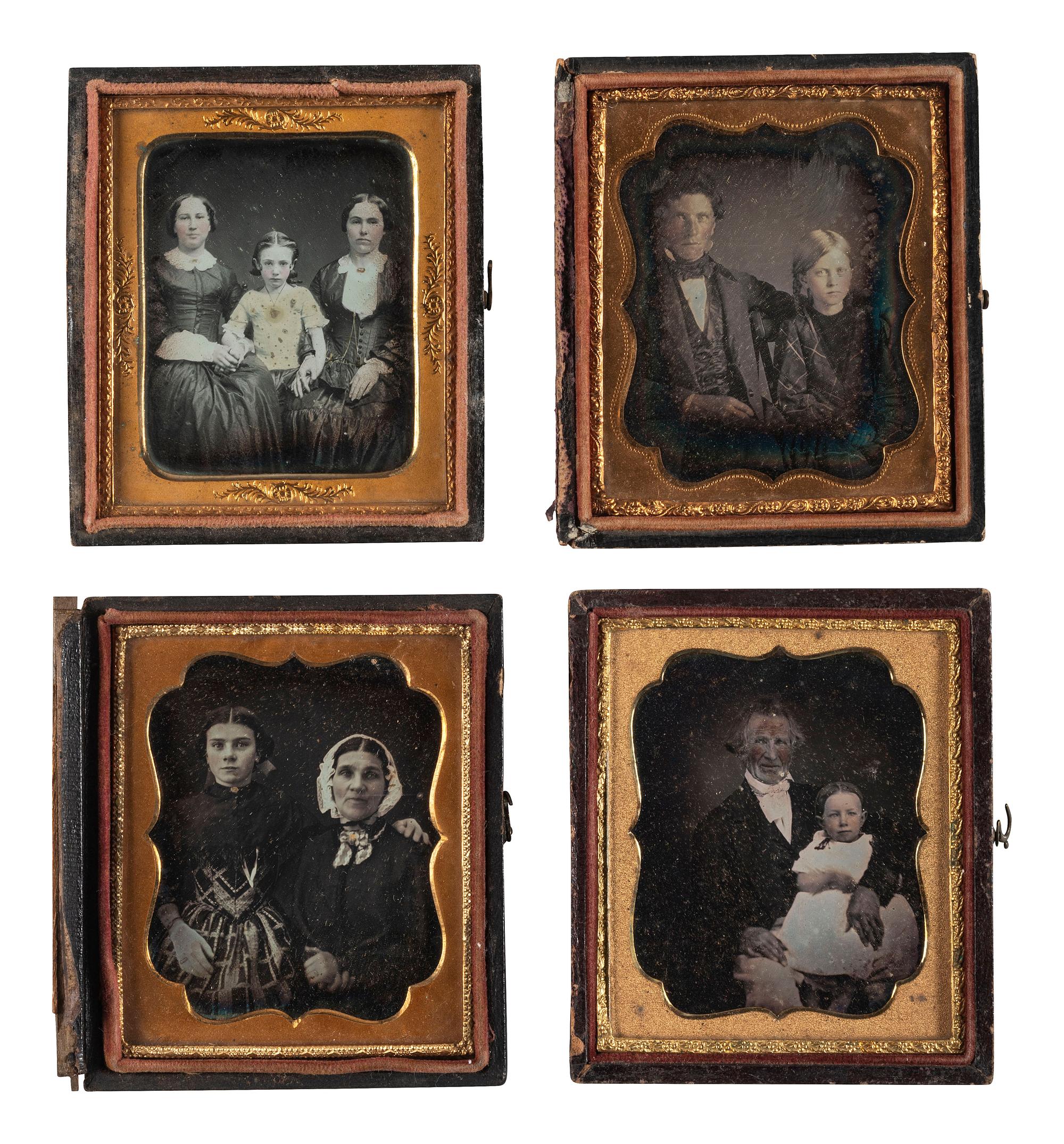 [EARLY PHOTOGRAPHY]. A group of 22 daguerreotype and tintype portraits of parents with children, including: