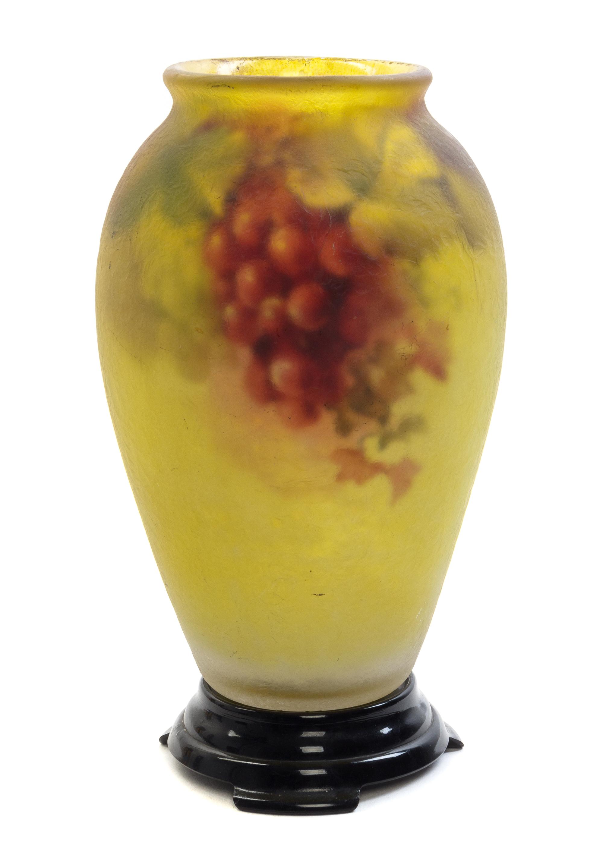 A Reverse Painted Glass Vase, Ambero, CIRCA 1915-1916, of ovoid form with grape decoration, signed, having a separate glass base