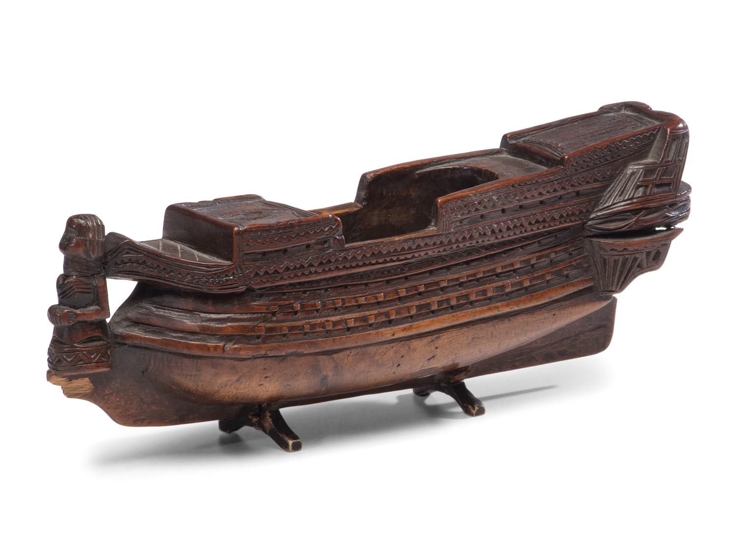 A French Prisoner of War Carved Boxwood Ship-Form Snuff Box