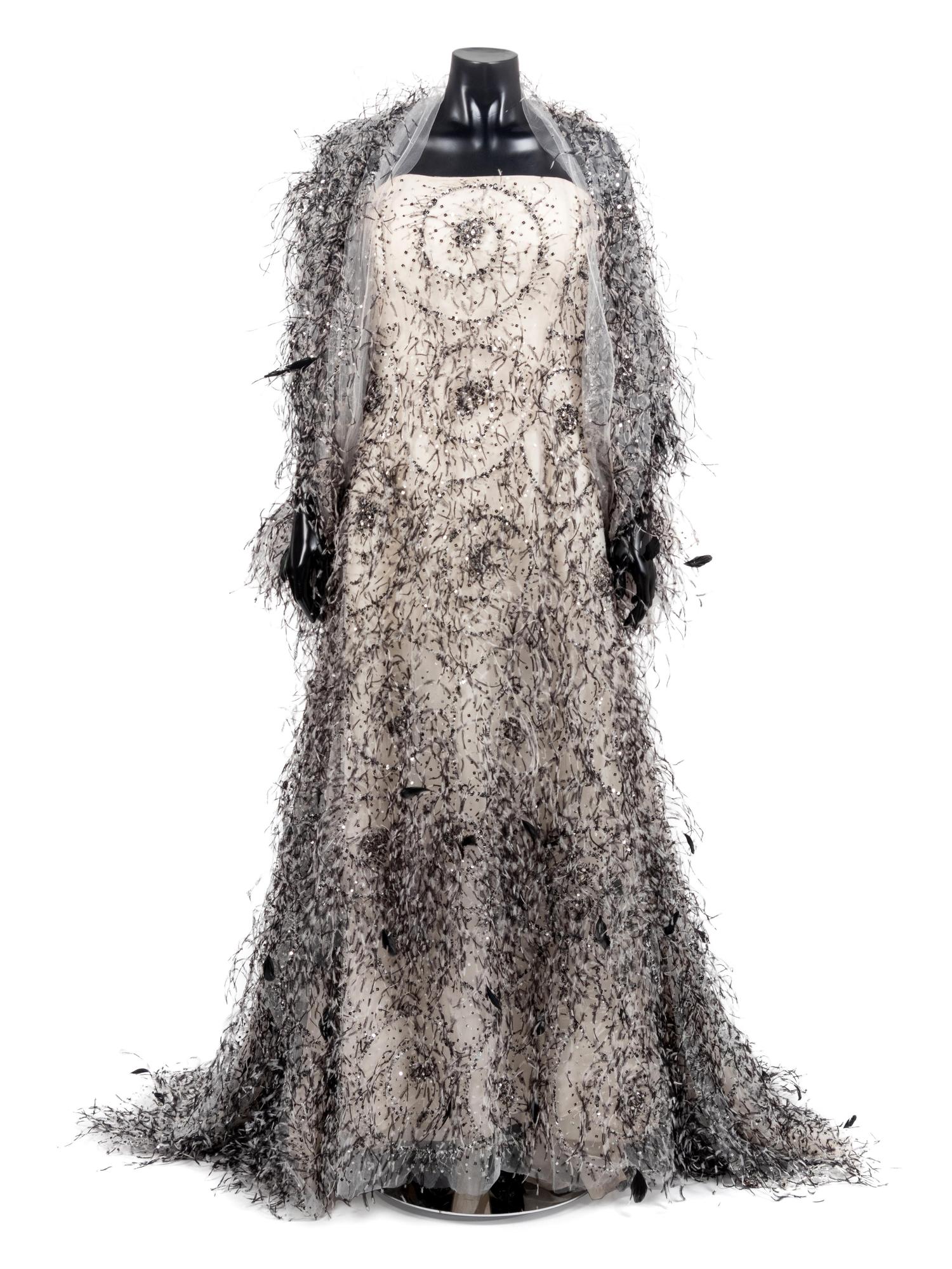 Bill Blass Ostrich Feather Evening Dress with Wrap, From the Ebony Fashion Fair, 1990-2000s