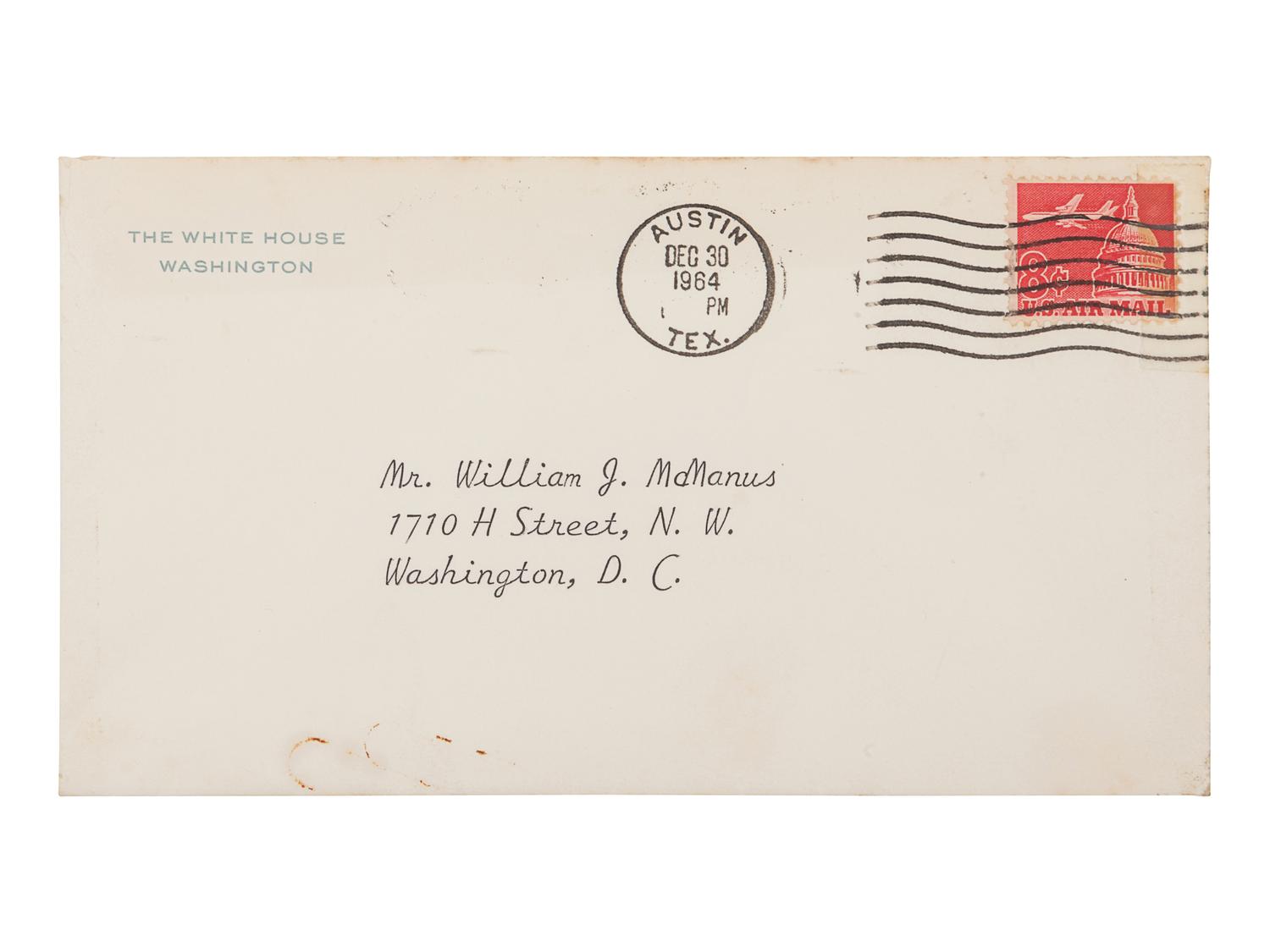 JOHNSON, Lyndon B. (1908-1973). Typed letter signed (“Lyndon”), as Vice President, to William J. McManus. Washington D.C., 28 April 1963. 1 page, 8vo, on Vice President stationary, with envelope, toning, adhesive residue to upper and lower margins.