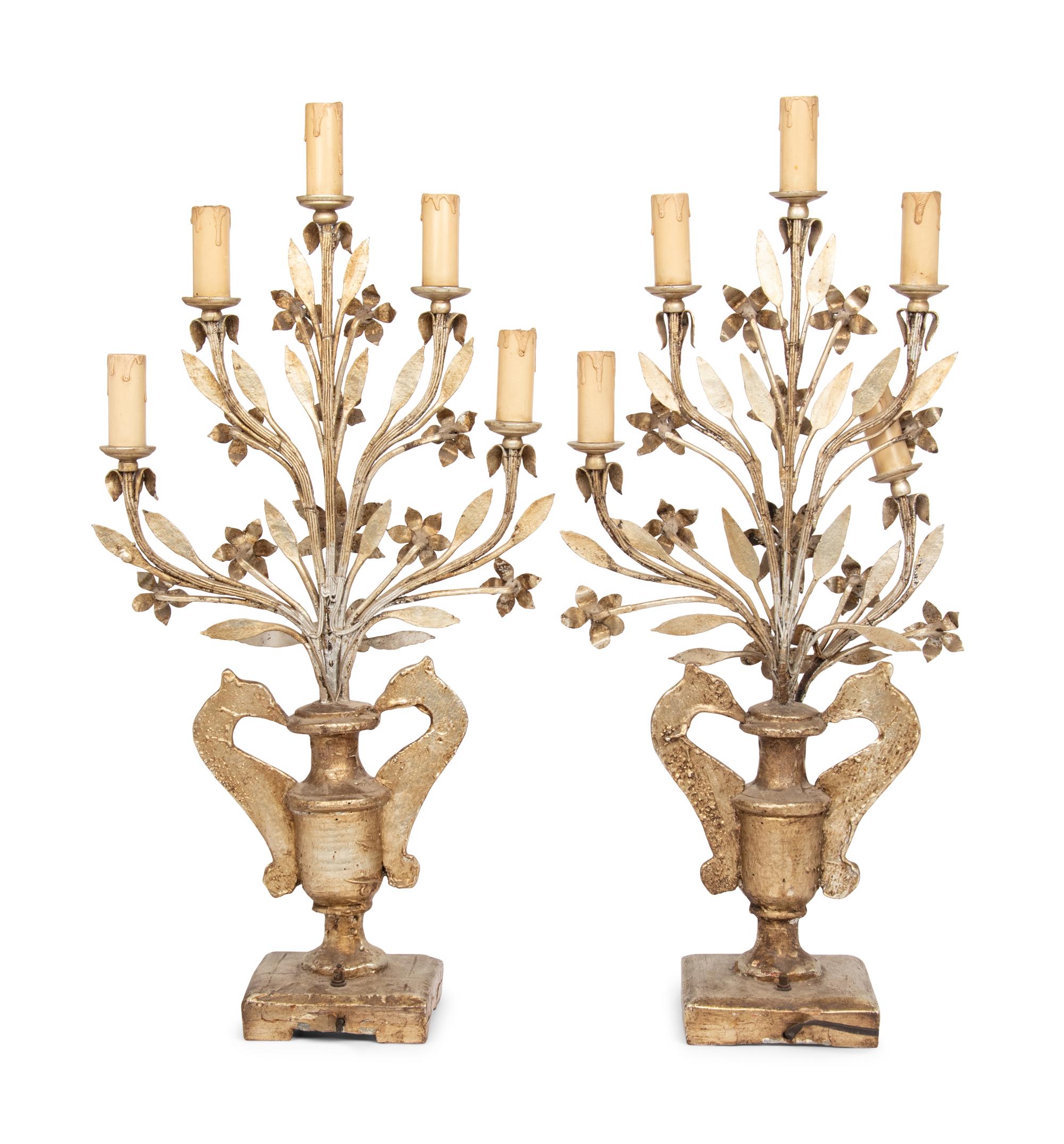 A Pair of Italian Silvered Wood and Tole Five-Light Candelabra