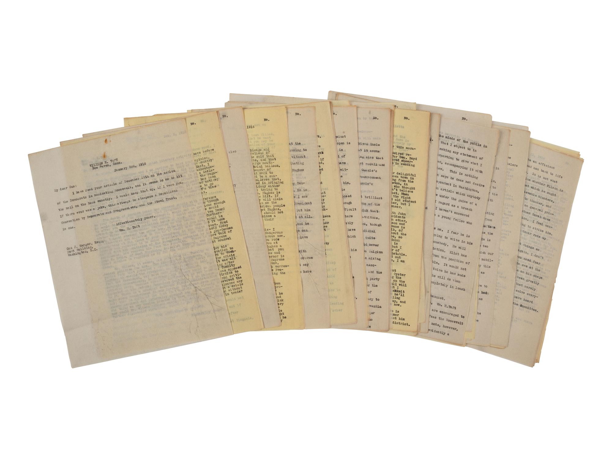 TAFT, William Howard (1857-1930). Archive of correspondence between Taft & “Gus” Karger, ca 1908-24.