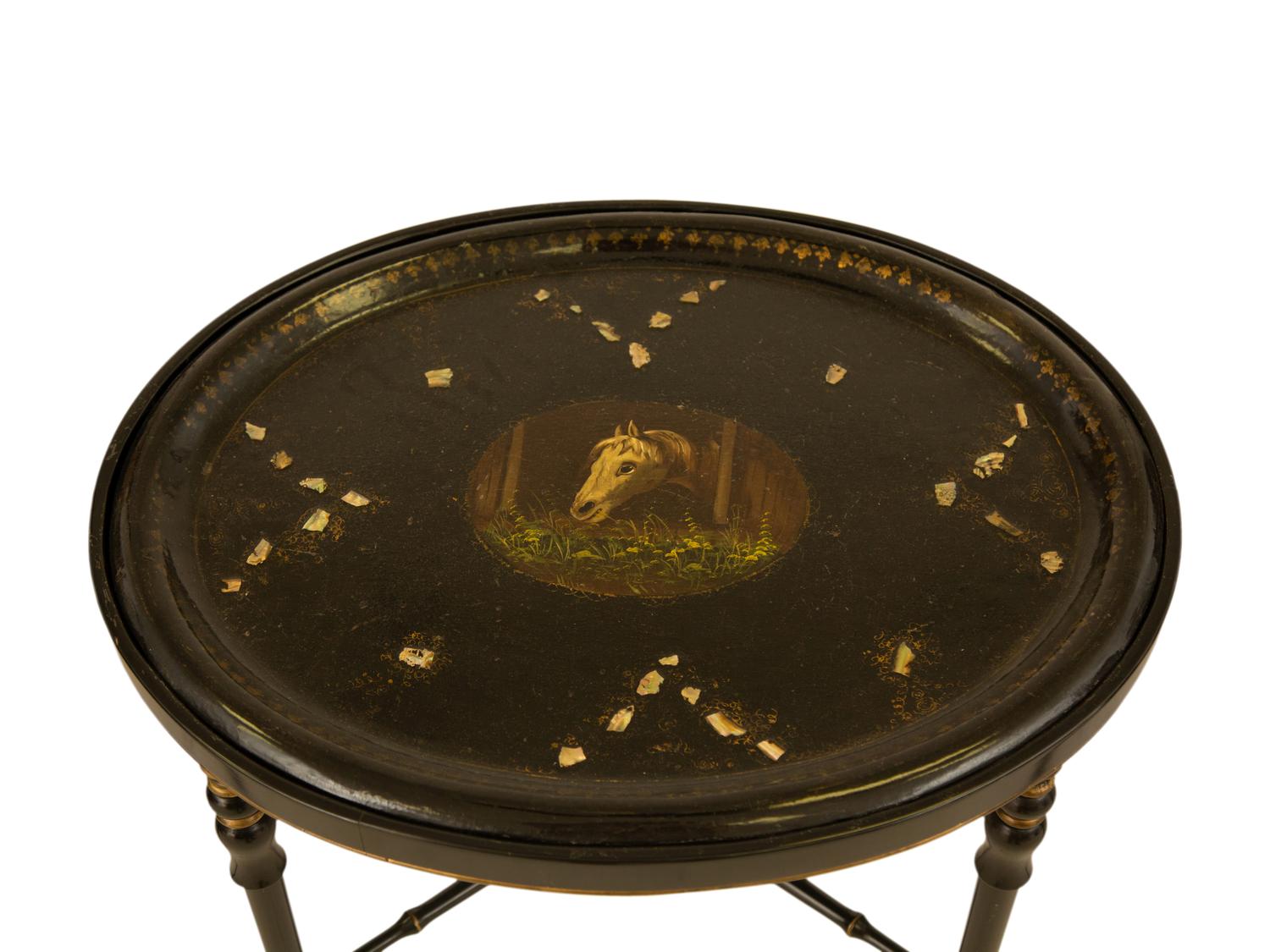 Three English Papier Mache Oval Serving Trays on Ebonized Stands