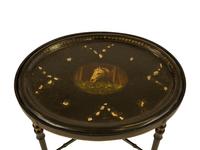 Three English Papier Mache Oval Serving Trays on Ebonized Stands