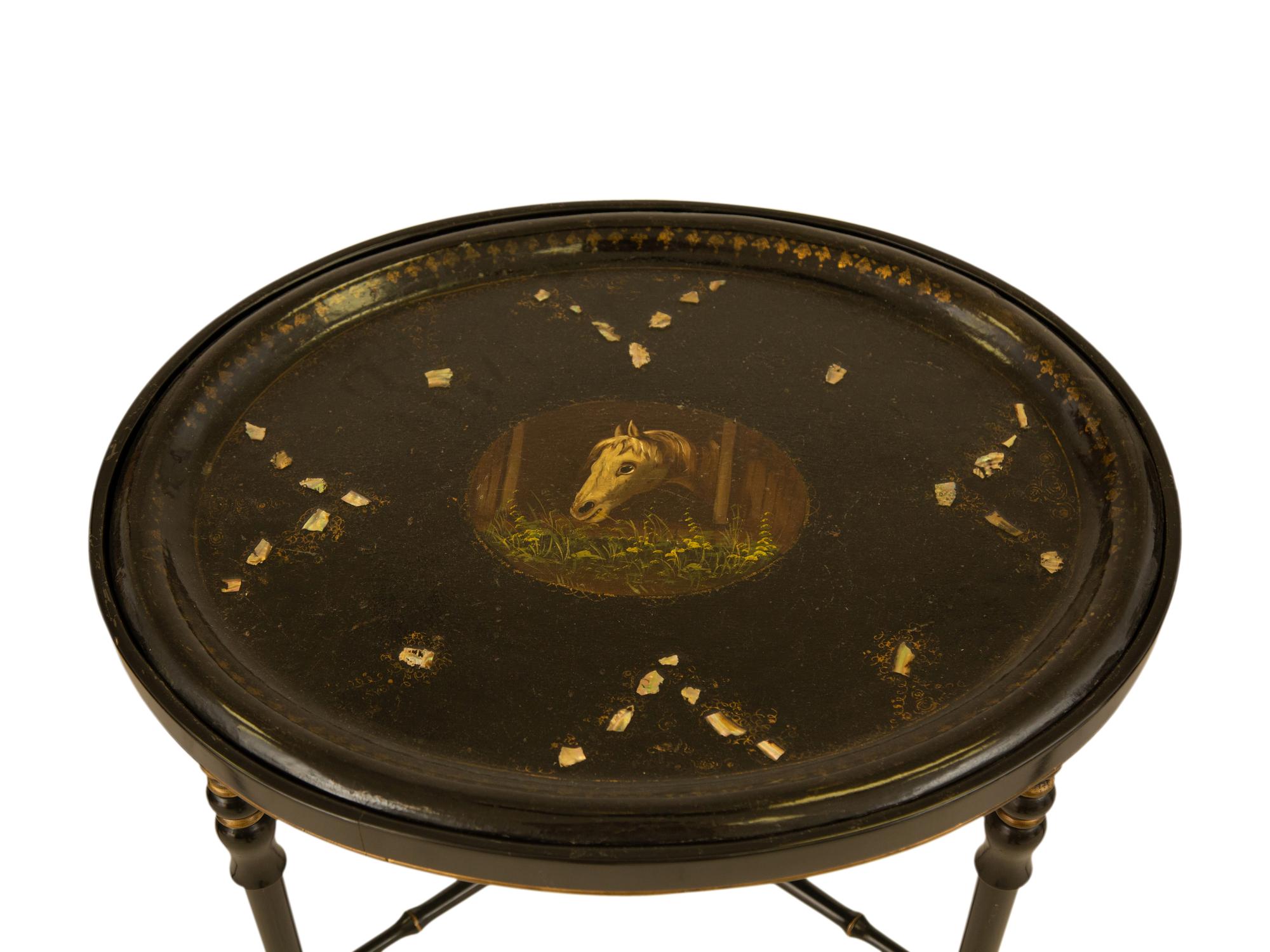 Three English Papier Mache Oval Serving Trays on Ebonized Stands