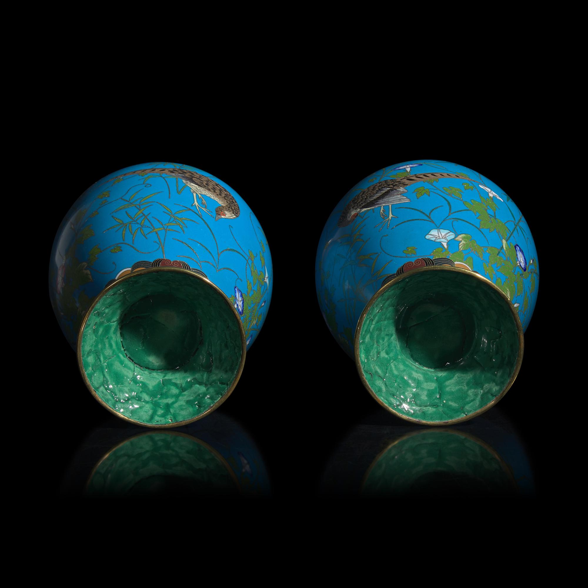 A Pair of Japanese Turquoise Ground Cloisonné 'Pheasant' Vases, Meiji Period