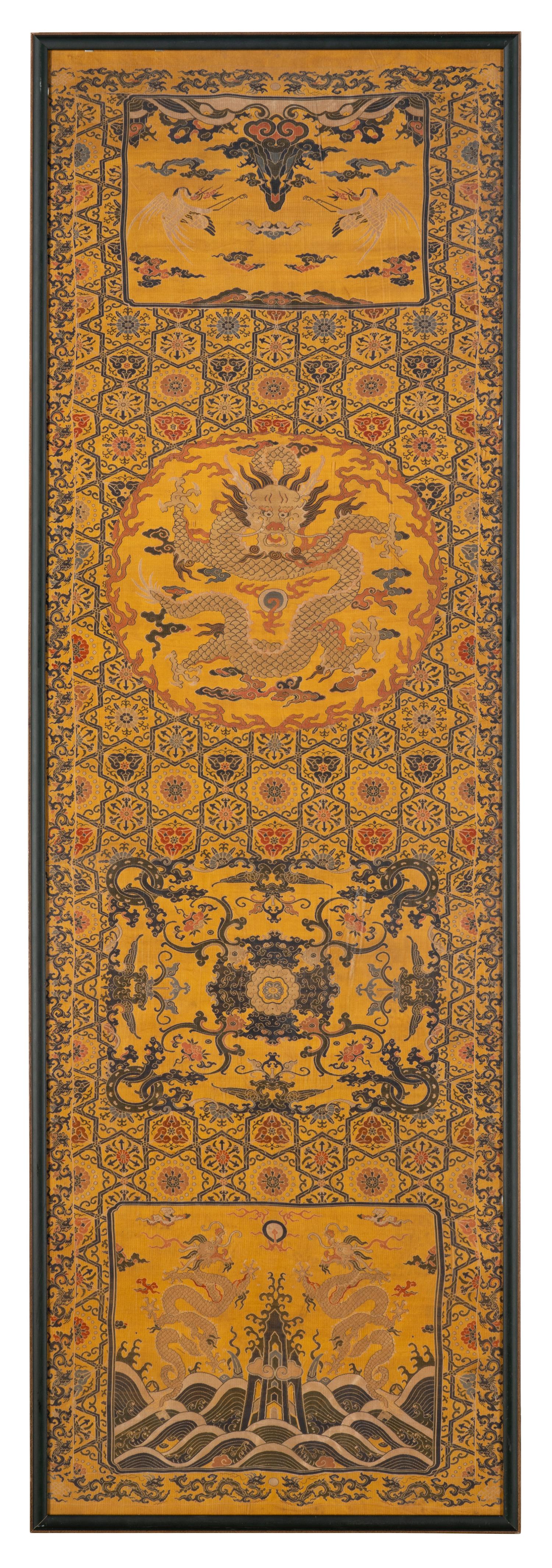 A Pair of Chinese Yellow Ground Brocade Woven 'Dragon' Silk Chair Covers