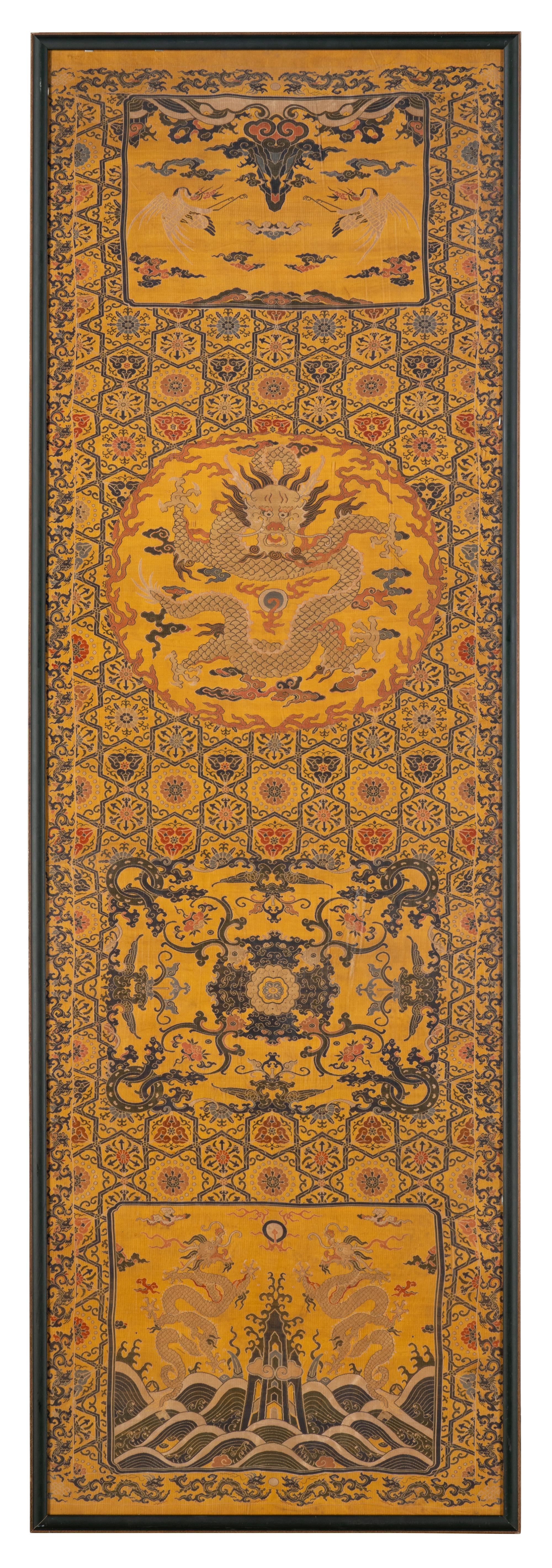 A Pair of Chinese Yellow Ground Brocade Woven 'Dragon' Silk Chair Covers