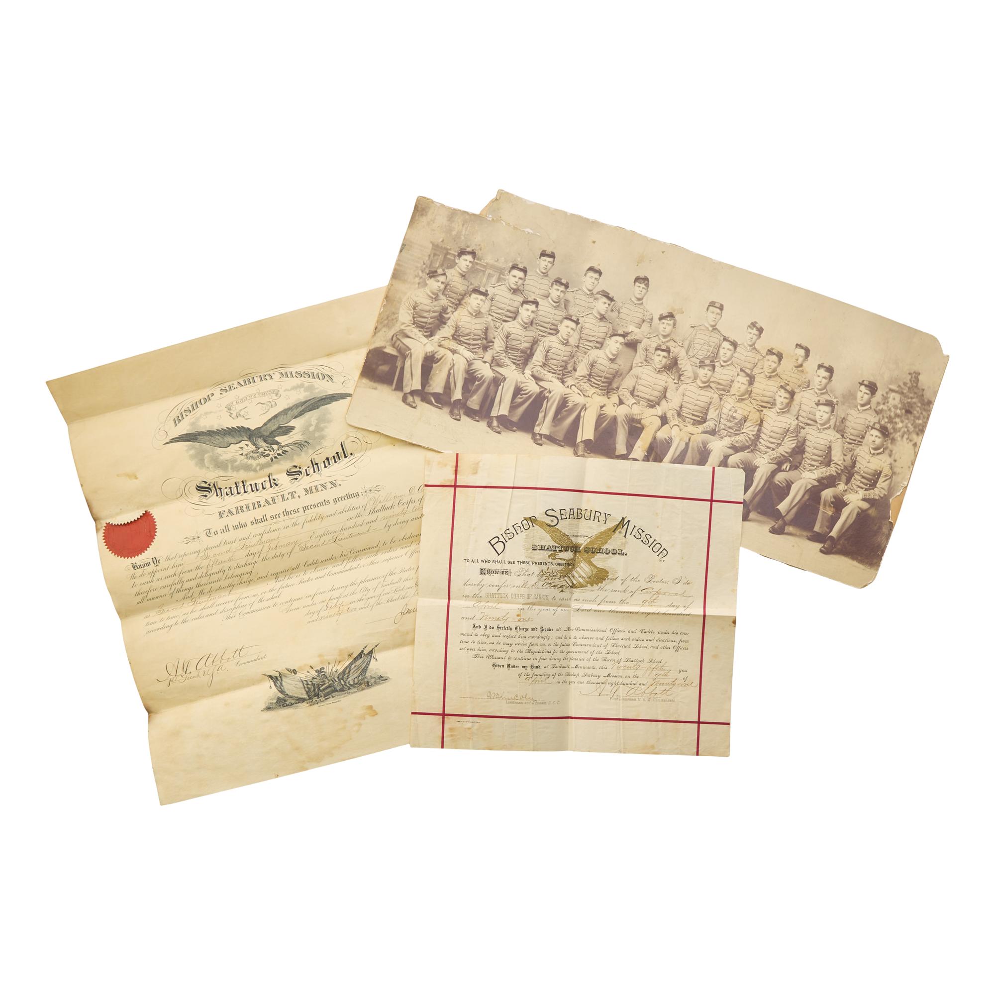 [Native-Americana] Group of 11 photographs of Shattuck Military School and cadets, most by A.F. Burnham, Faribault, MN
