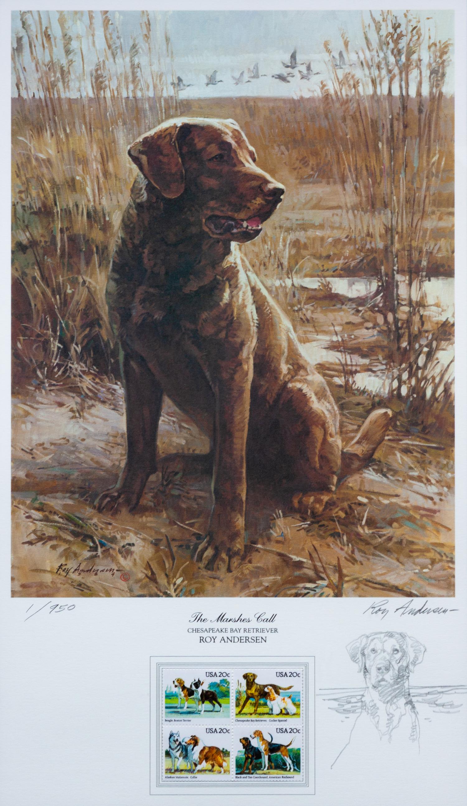 Six Works of Art depicting Chesapeake Bay Retrievers Largest: 18 x 10 1/2 inches.