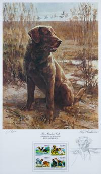 Six Works of Art depicting Chesapeake Bay Retrievers Largest: 18 x 10 1/2 inches.