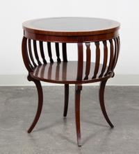 A Regency Style Mahogany Drum Table Height 27 1/2 x diameter 23 3/4 inches. — 19TH/20TH CENTURY