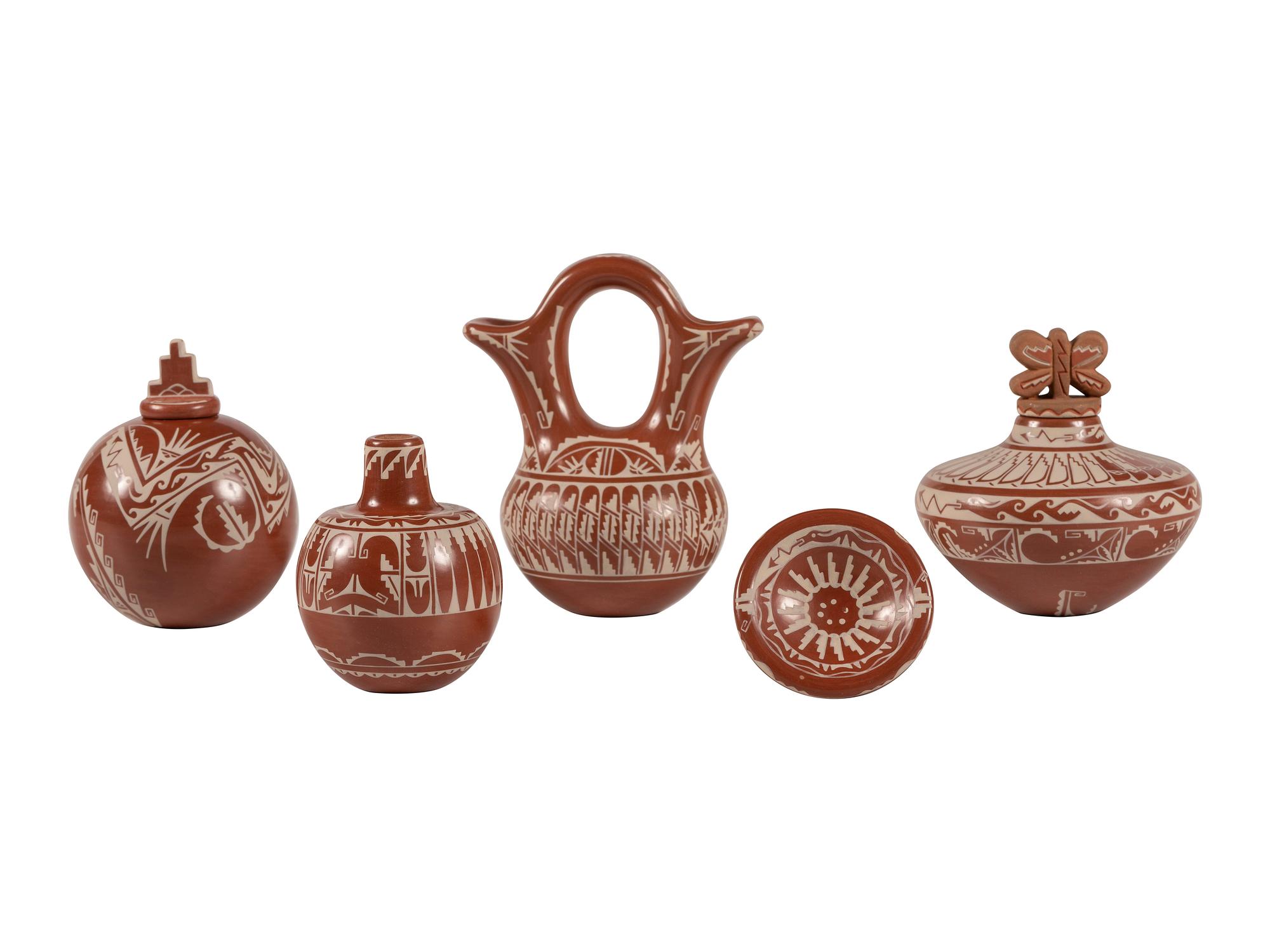 Miniature White-on-Red Lidded Pottery Jars, Plate, and Wedding Vase