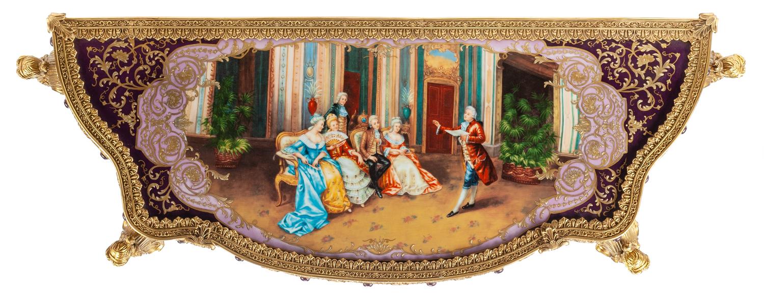 A Pair of Louis XV Style Porcelain Mounted Gilt Bronze Console Tables
