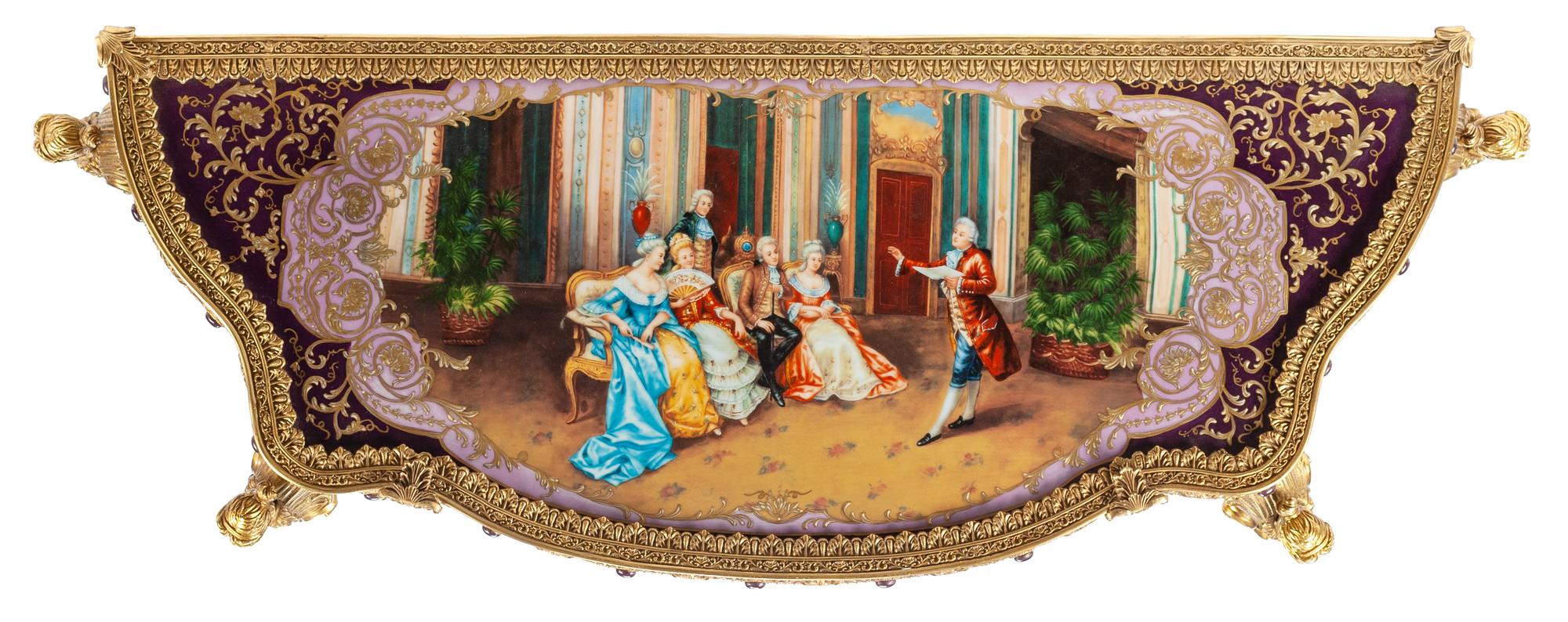 A Pair of Louis XV Style Porcelain Mounted Gilt Bronze Console Tables