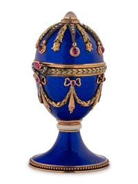 A 14 Karat Vari-Color Gold, Guilloché Enamel, Diamond, and Cabochon Jewel-Mounted Egg-Form Perfume and a Related Guilloché Enamel, 14 Karat Vari-Color Gold, Diamond, and Cabochon-Mounted Surprise Egg