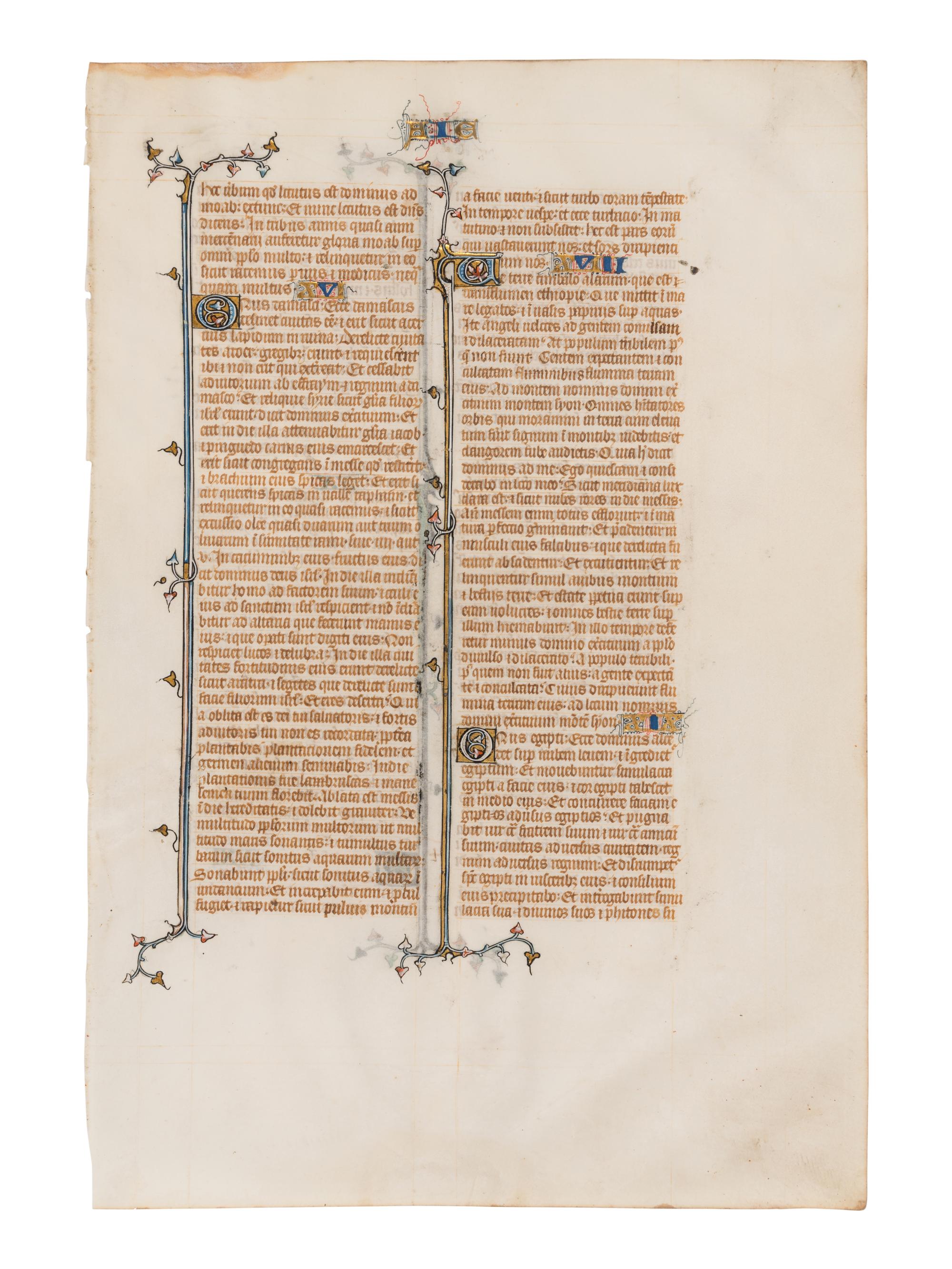 MAHIET (active Paris, c. 1320-1352?) A leaf from the “St. Albans Bible”, in Latin, illuminated manuscript on parchment [Paris, c. 1320-1340]