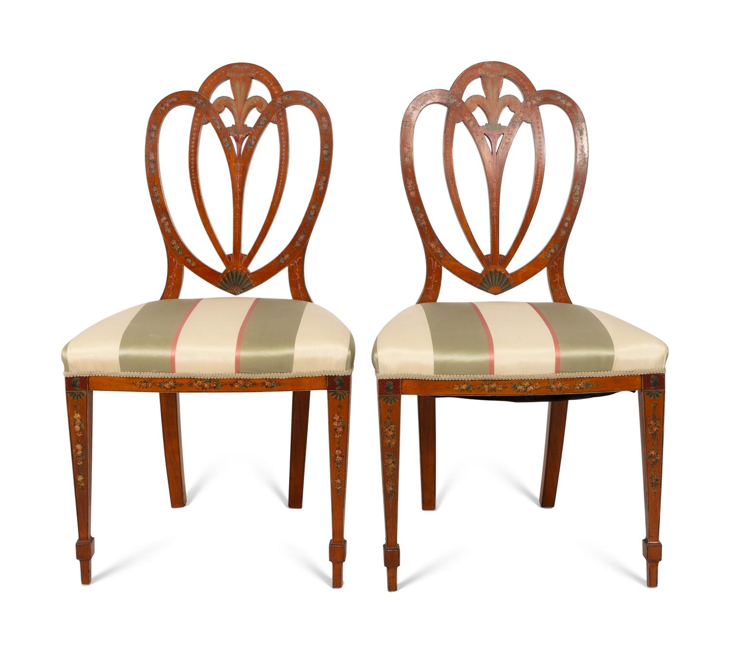 A Pair of Satinwood Shield-Back Paint Decorated Side Chairs