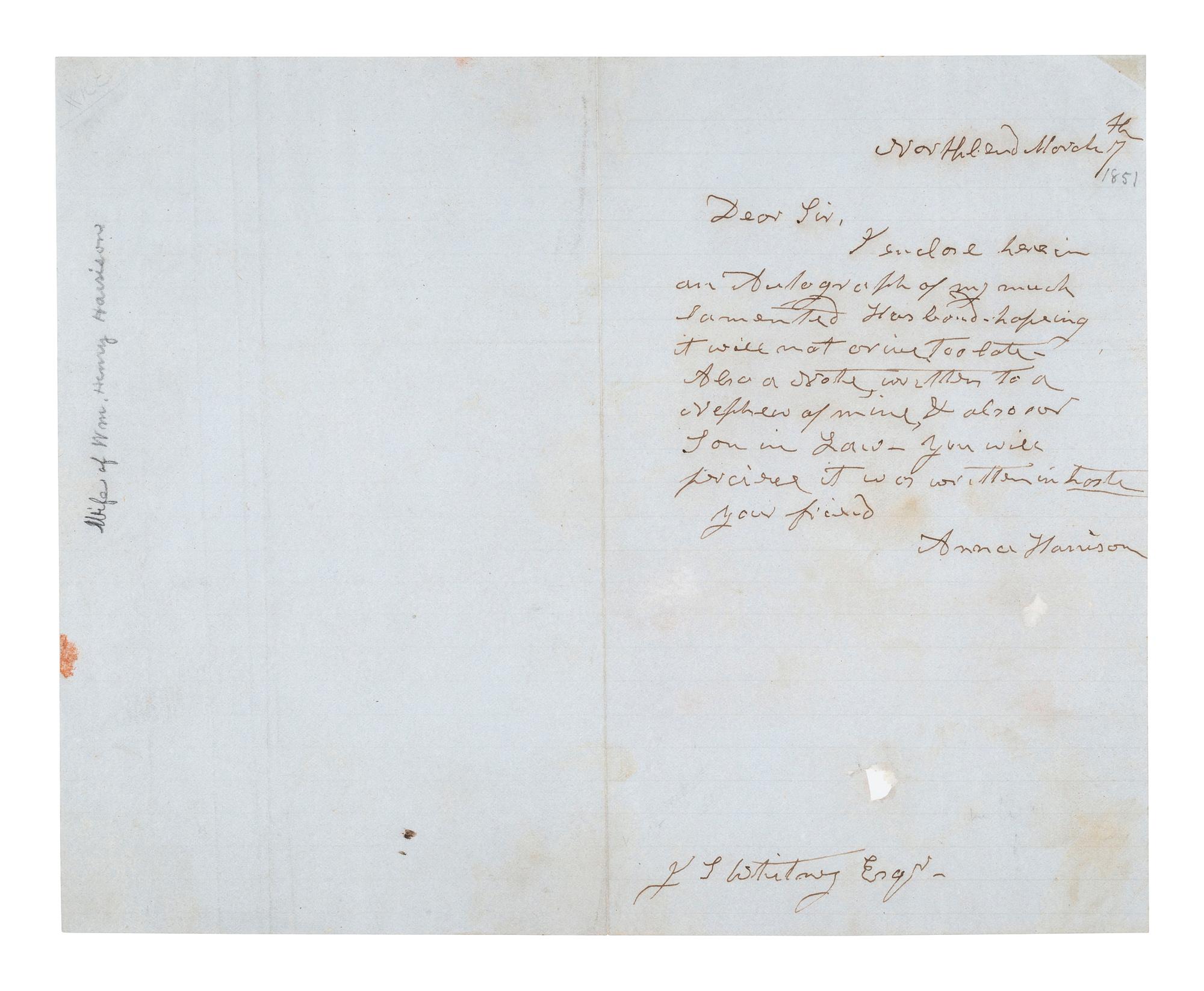 HARRISON, Anna (1775-1864). Autograph letter signed ("Anna Harrison"), to J.L. Whitney. Northbend [Ohio], 7 March [1851?].