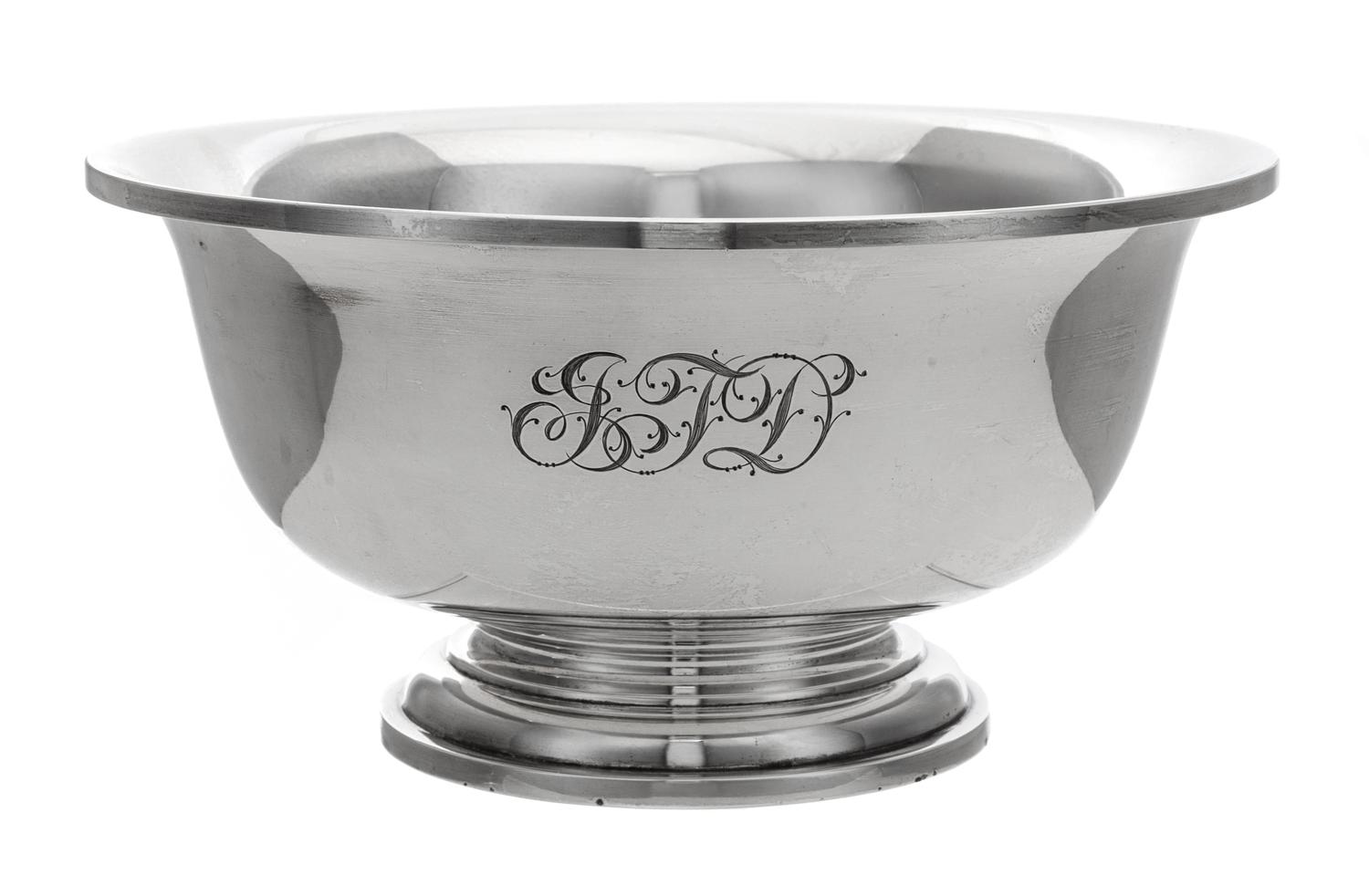 An American Silver Revere Bowl, Tuttle Silversmiths, Boston, MA, 1940, the body engraved with a script monogram.
