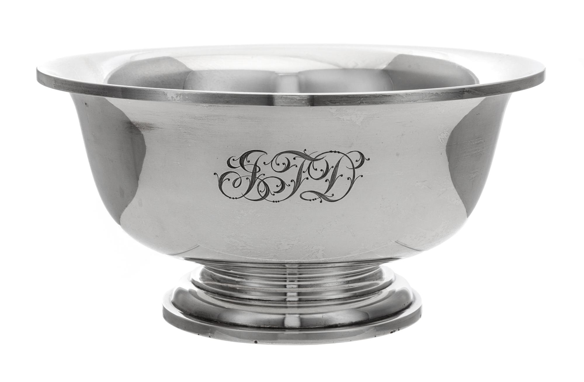 An American Silver Revere Bowl, Tuttle Silversmiths, Boston, MA, 1940, the body engraved with a script monogram.