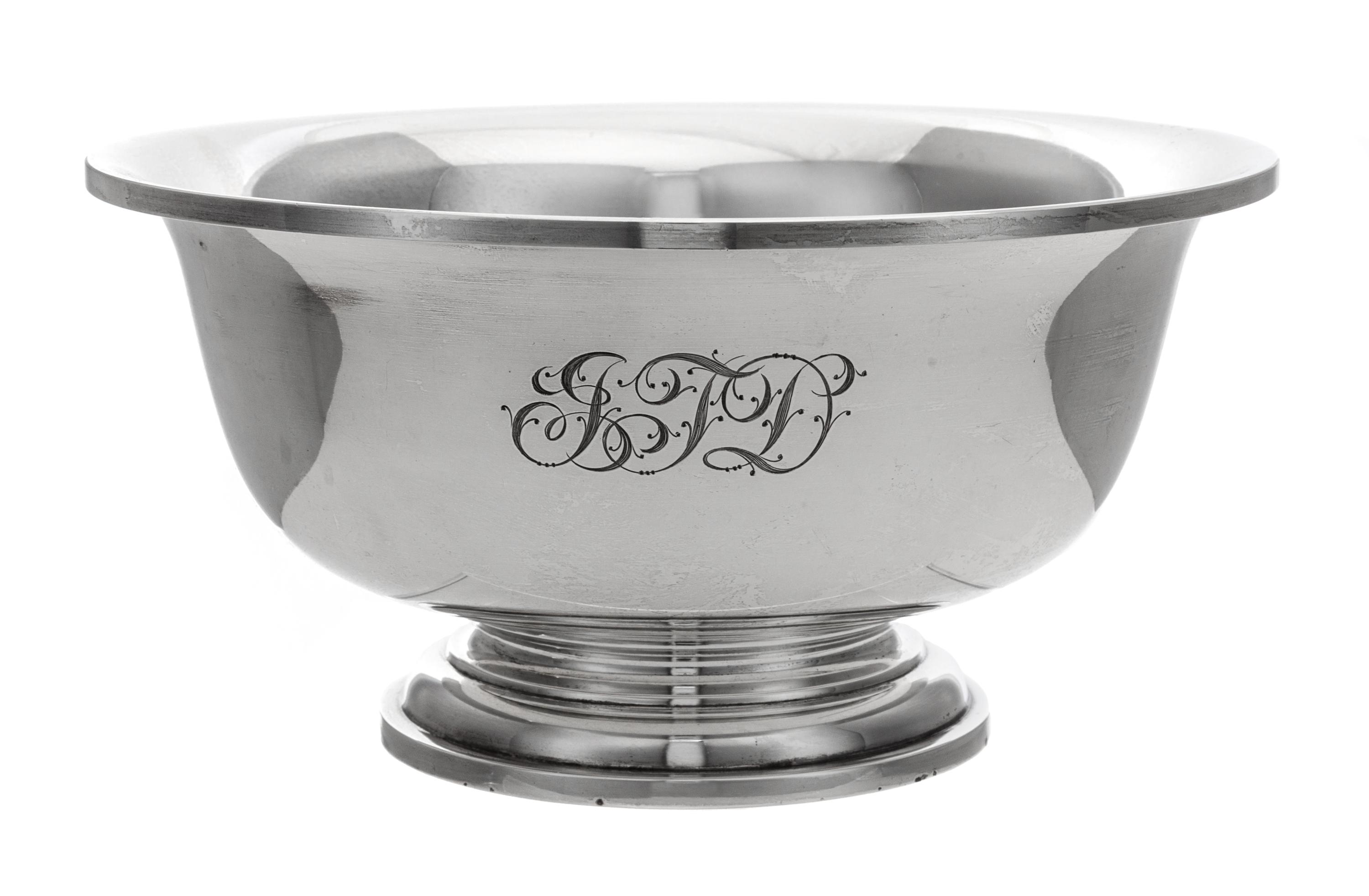 An American Silver Revere Bowl, Tuttle Silversmiths, Boston, MA, 1940, the body engraved with a script monogram.