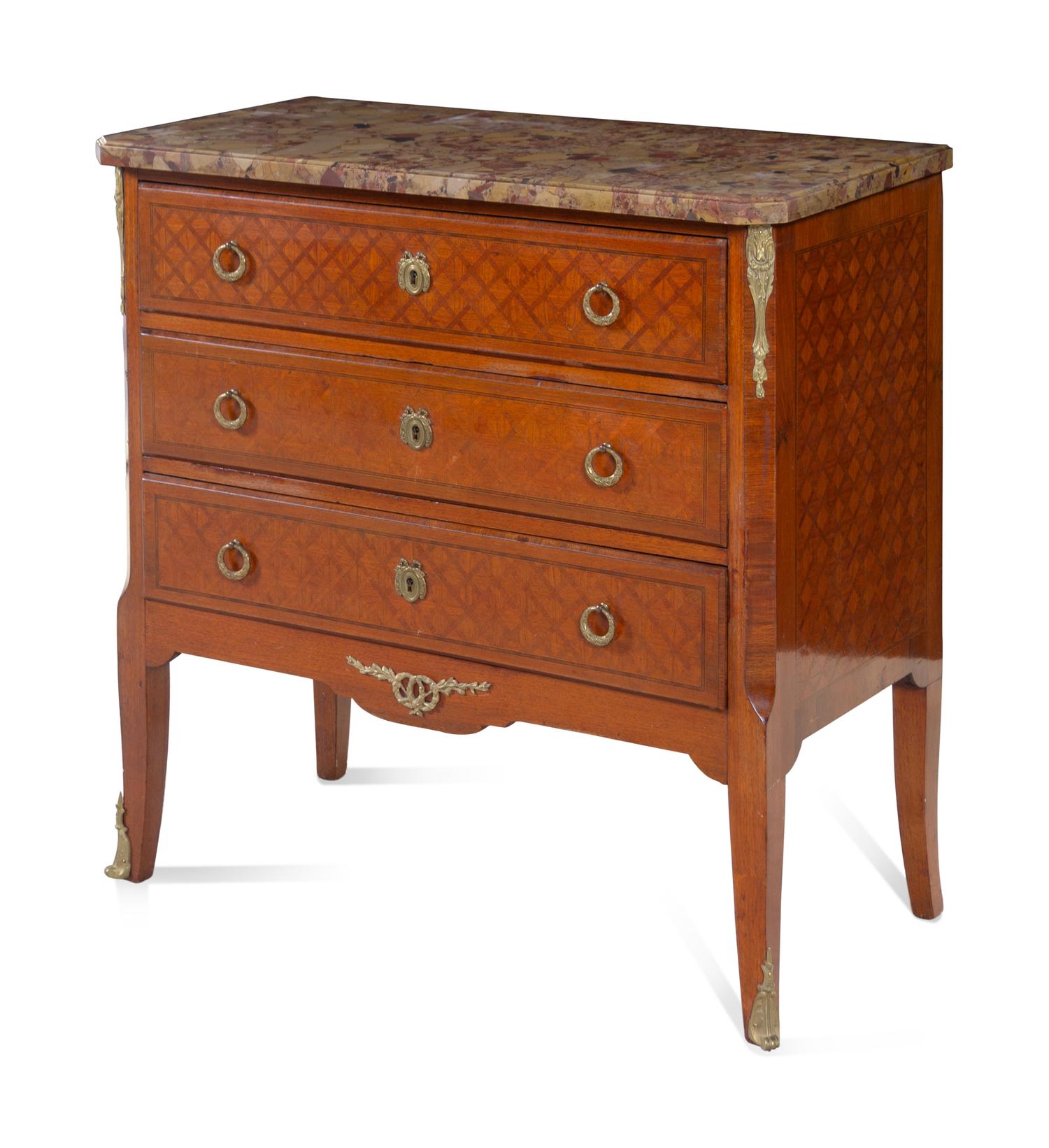A Louis XV/XVI Transitional Style Gilt Bronze Mounted Parquetry Brèche d'Alep Marble-Top Commode