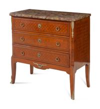 A Louis XV/XVI Transitional Style Gilt Bronze Mounted Parquetry Brèche d'Alep Marble-Top Commode