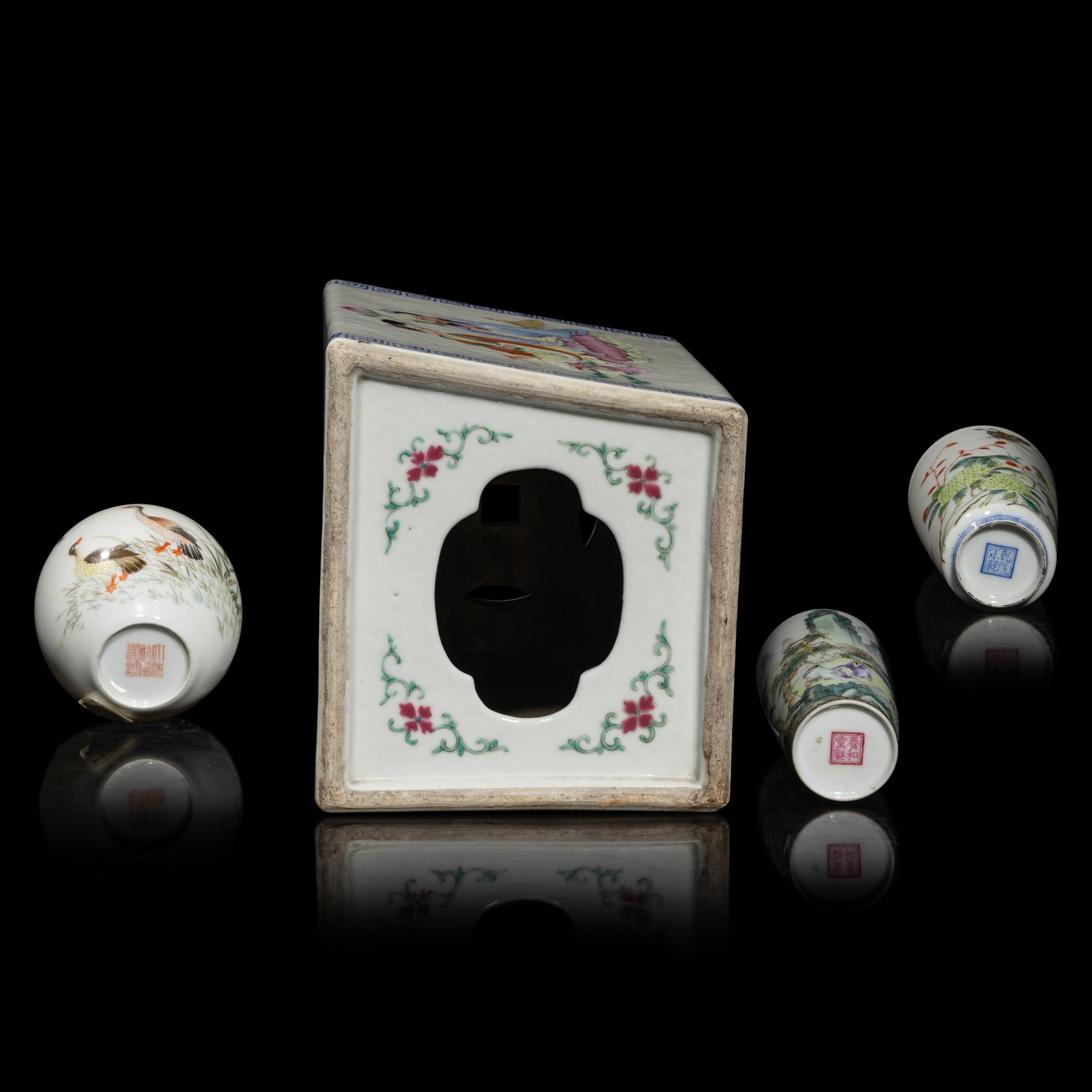 Three Chinese Eggshell Porcelain Vases and a Famille Rose Pillow, 20th Century 民國-近代 粉彩瓷三件