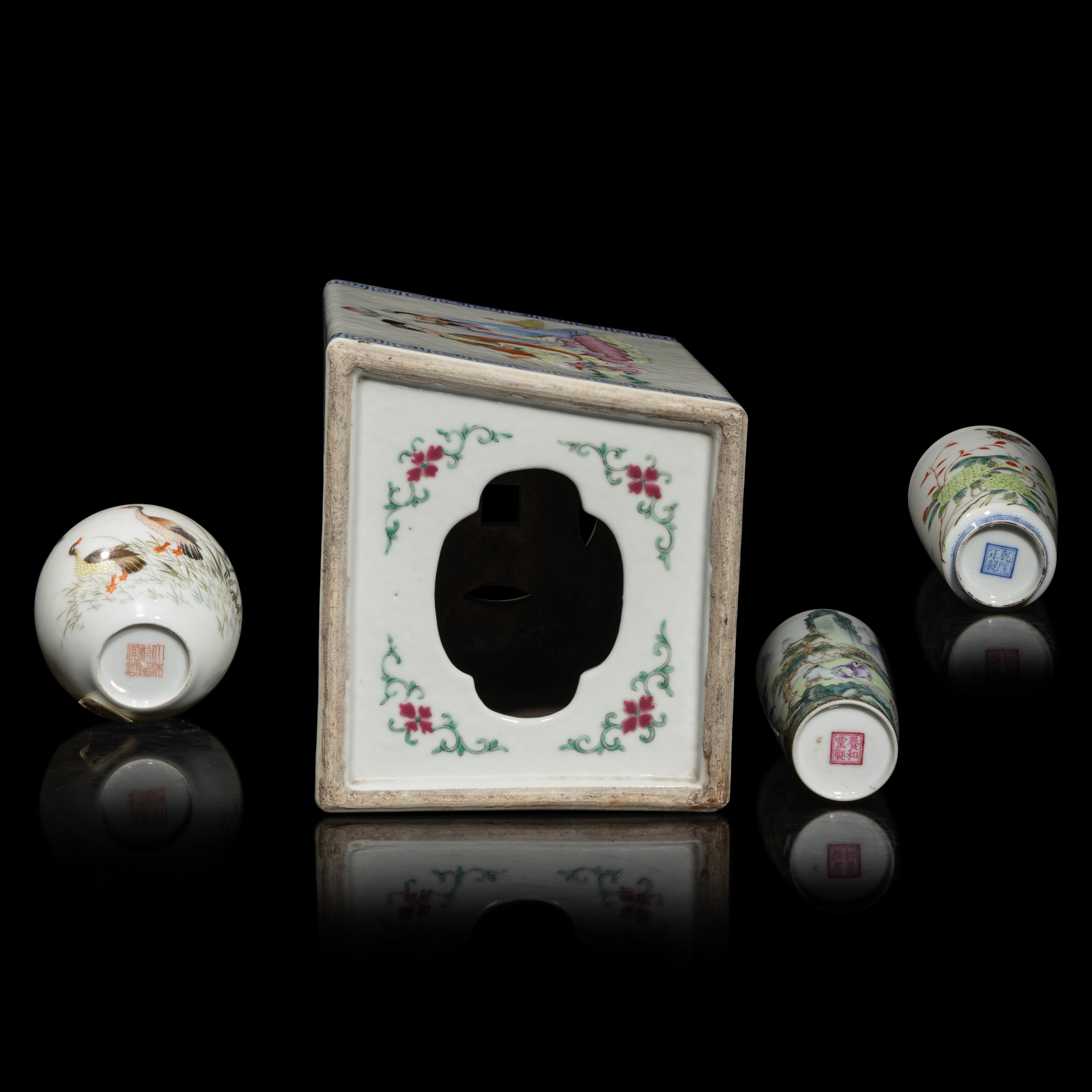 Three Chinese Eggshell Porcelain Vases and a Famille Rose Pillow, 20th Century 民國-近代 粉彩瓷三件