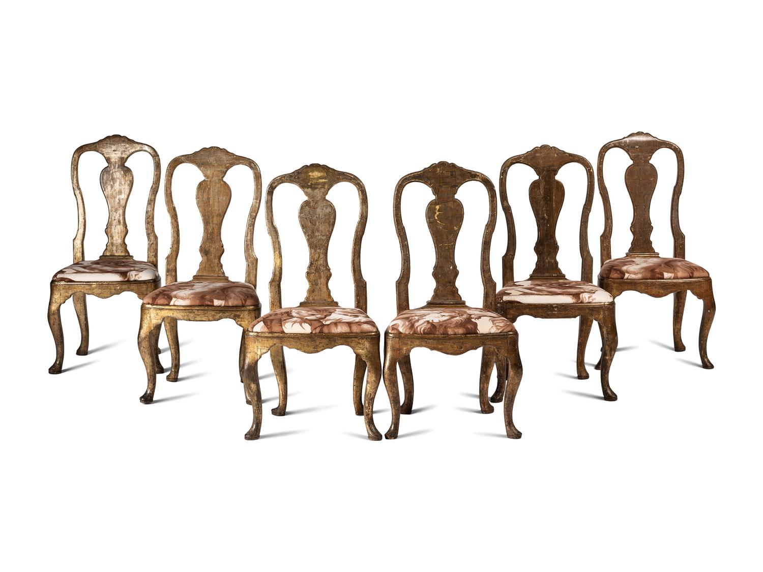 Six Italian Rococo Style Parcel Gilt and Painted Side Chairs