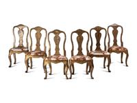 Six Italian Rococo Style Parcel Gilt and Painted Side Chairs