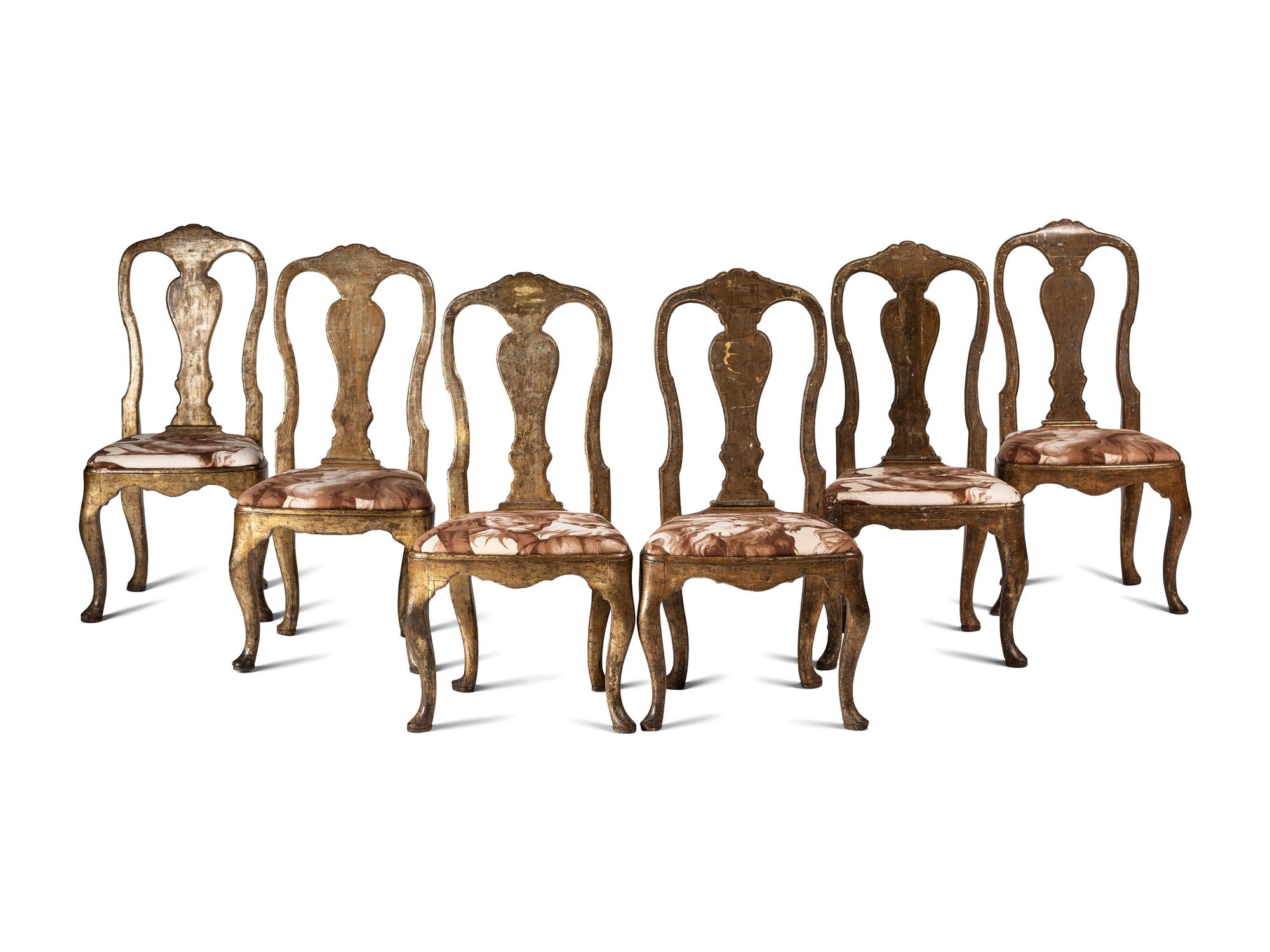 Six Italian Rococo Style Parcel Gilt and Painted Side Chairs