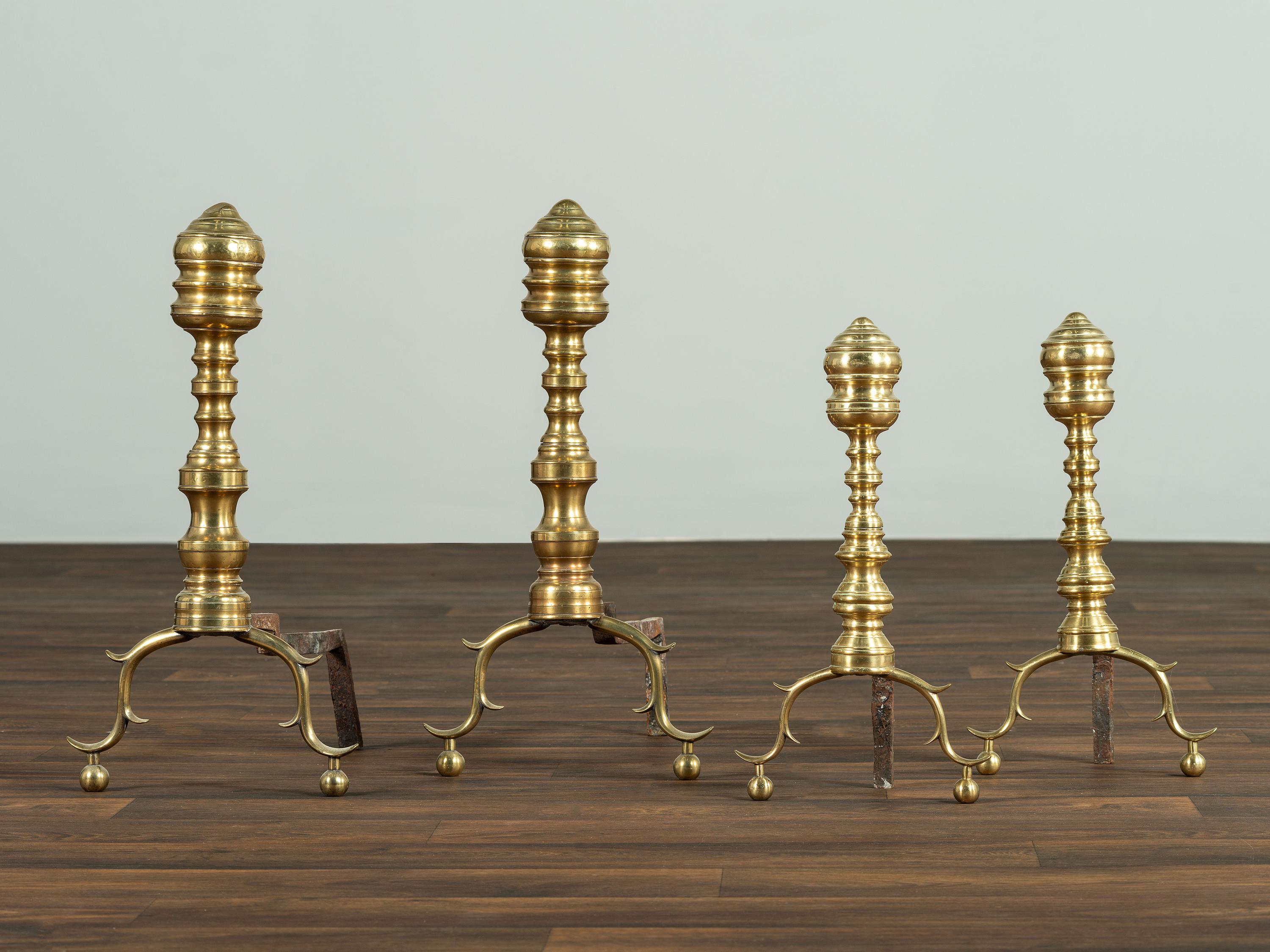 Two Pairs of Federal Spool-Turned Brass Andirons